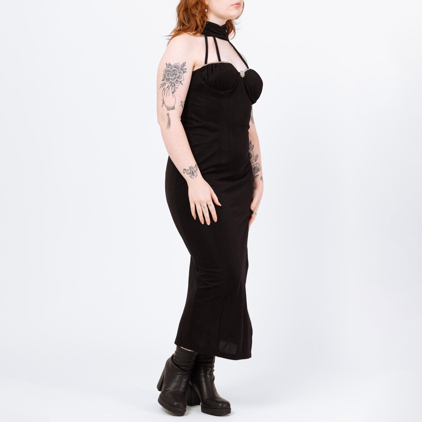 Vintage 90s Black Cage Neck Maxi Dress - Large | Sexy Strappy Collar Formal Party Evening Gown