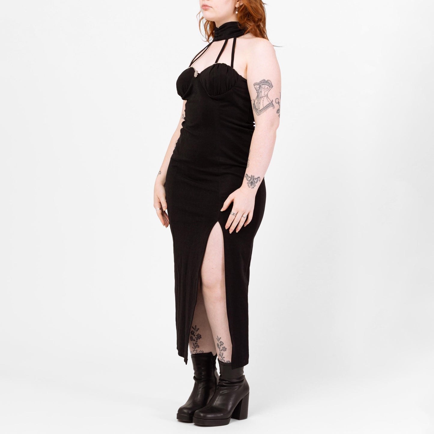 Vintage 90s Black Cage Neck Maxi Dress - Large | Sexy Strappy Collar Formal Party Evening Gown