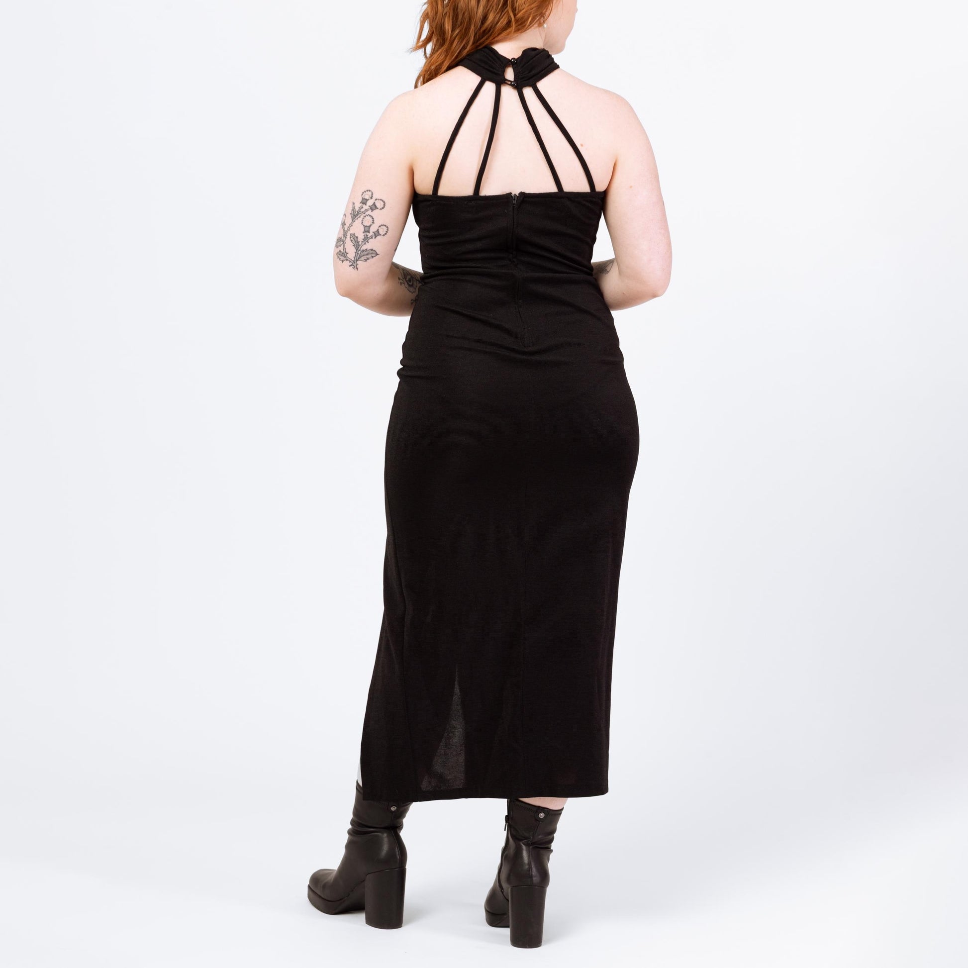 Vintage 90s Black Cage Neck Maxi Dress - Large | Sexy Strappy Collar Formal Party Evening Gown