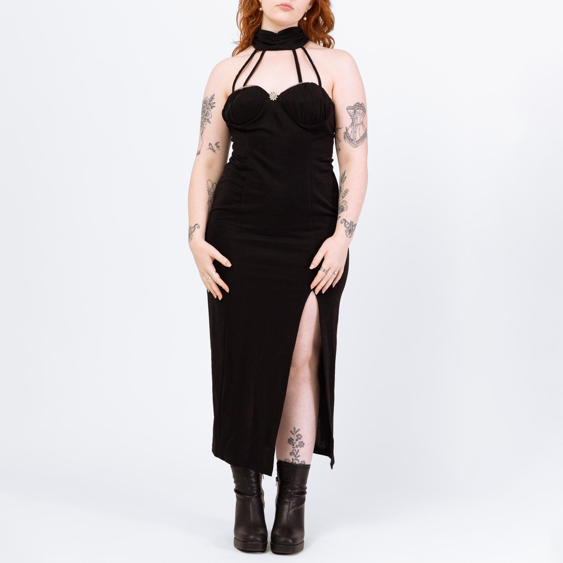 Vintage 90s Black Cage Neck Maxi Dress - Large | Sexy Strappy Collar Formal Party Evening Gown
