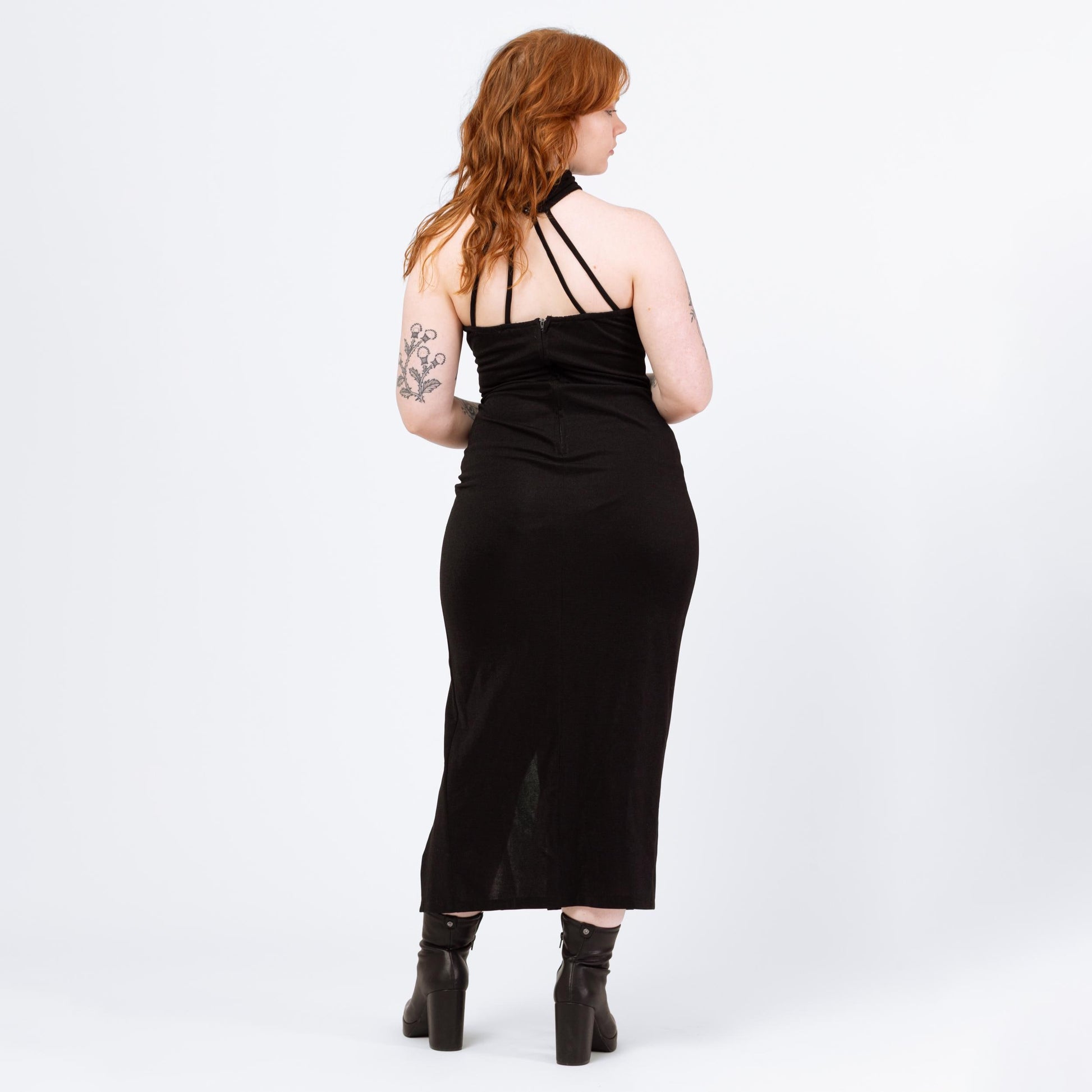 Vintage 90s Black Cage Neck Maxi Dress - Large | Sexy Strappy Collar Formal Party Evening Gown