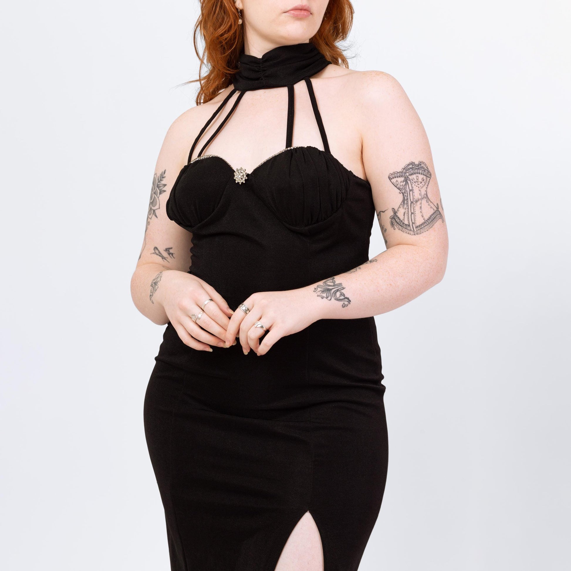 Vintage 90s Black Cage Neck Maxi Dress - Large | Sexy Strappy Collar Formal Party Evening Gown