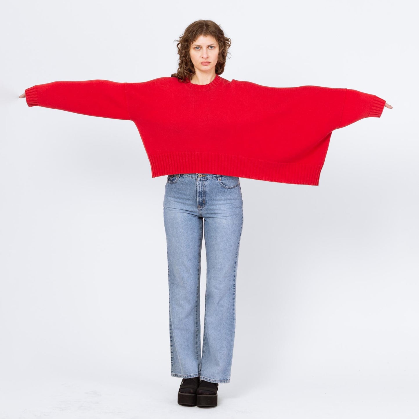 Vintage 90s Shirin Guild Red Cotton Asymmetric Knit Sweater - One Size | Slouchy Cropped Sweater, Crew Neck Pullover