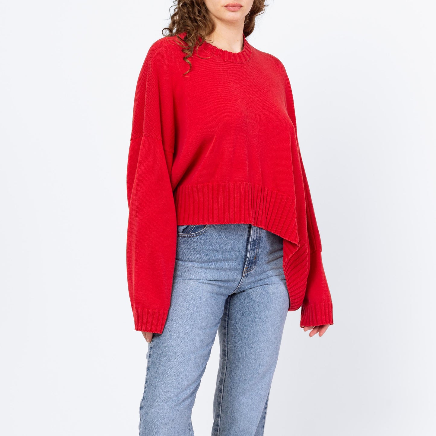 Vintage 90s Shirin Guild Red Cotton Asymmetric Knit Sweater - One Size | Slouchy Cropped Sweater, Crew Neck Pullover