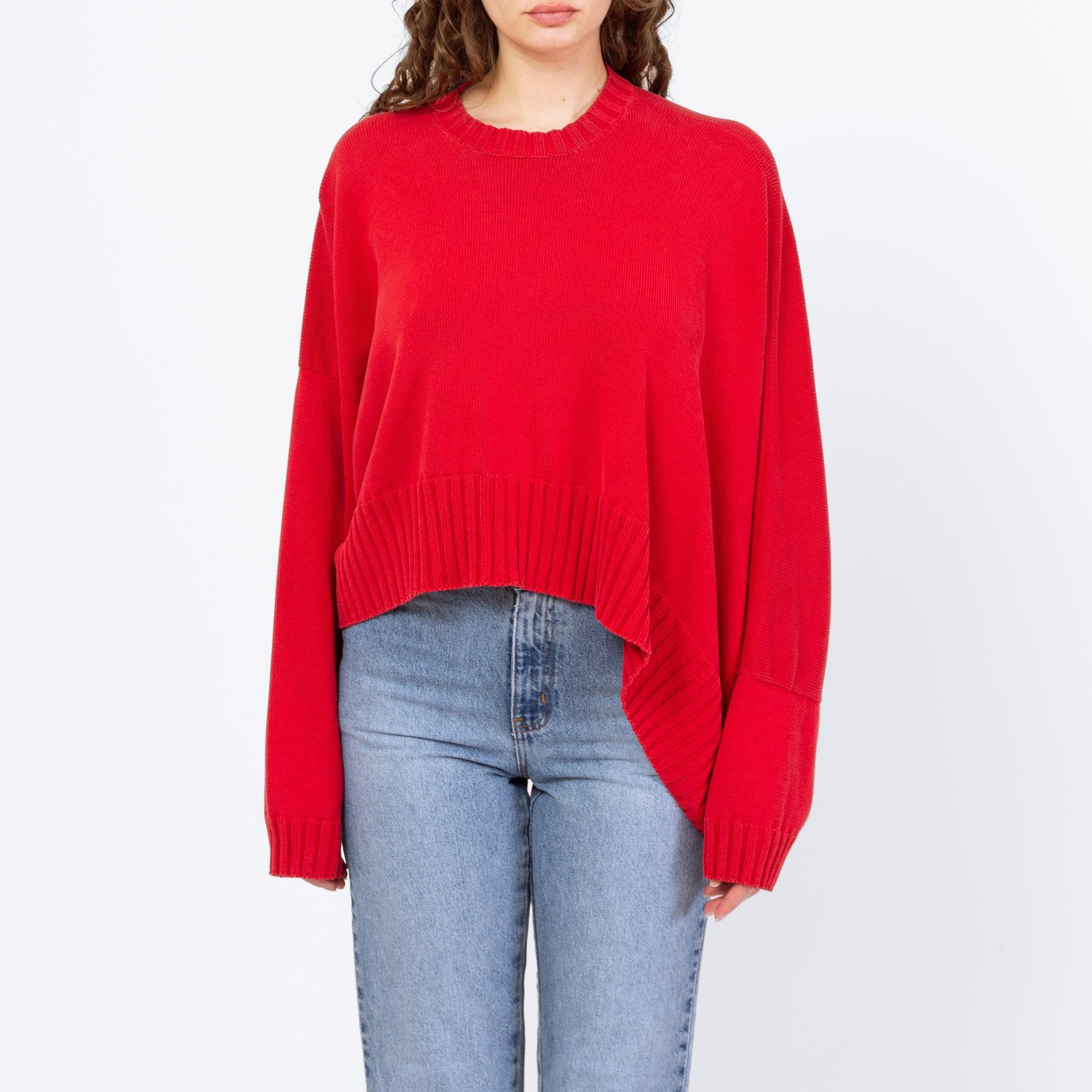 Vintage 90s Shirin Guild Red Cotton Asymmetric Knit Sweater - One Size | Slouchy Cropped Sweater, Crew Neck Pullover