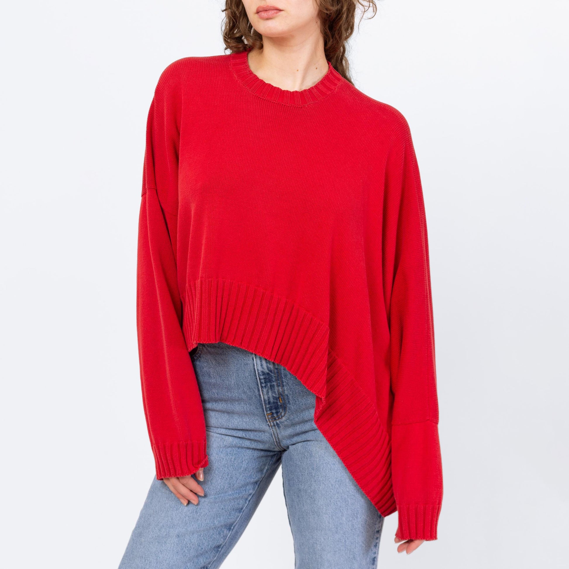 Vintage 90s Shirin Guild Red Cotton Asymmetric Knit Sweater - One Size | Slouchy Cropped Sweater, Crew Neck Pullover