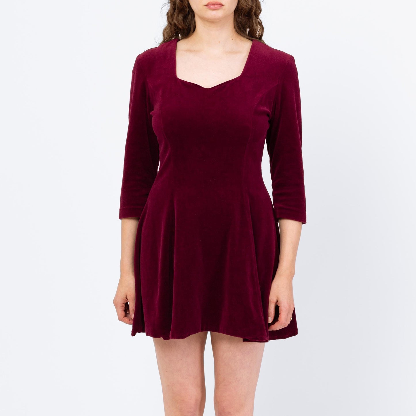 Vintage 90s Wine Red Velour Mini Dress - Medium to Large | Whimsigoth Dress, 3/4 Sleeve Grunge Skater Dress