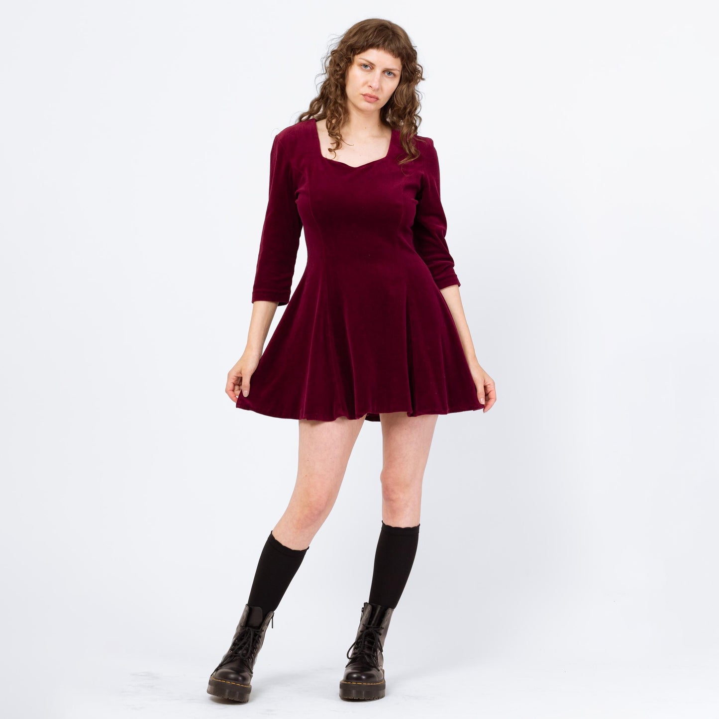 Vintage 90s Wine Red Velour Mini Dress - Medium to Large | Whimsigoth Dress, 3/4 Sleeve Grunge Skater Dress