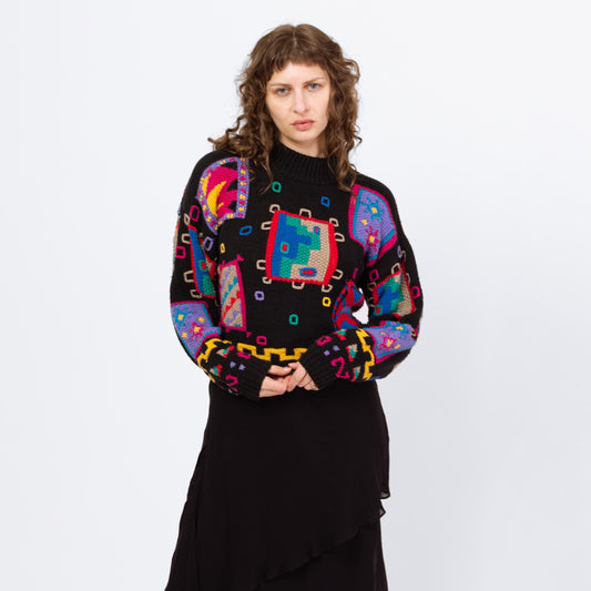 Vintage 90s Geometric Slouchy 3D Knit Sweater - Medium | Black Abstract Grunge Mockneck Pullover