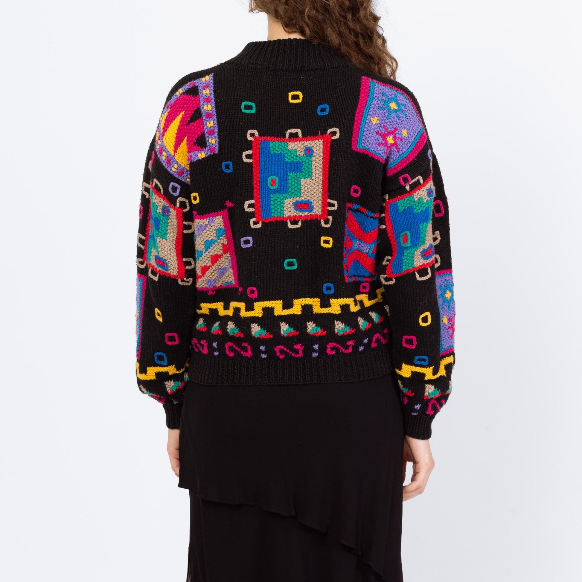 Vintage 90s Geometric Slouchy 3D Knit Sweater - Medium | Black Abstract Grunge Mockneck Pullover