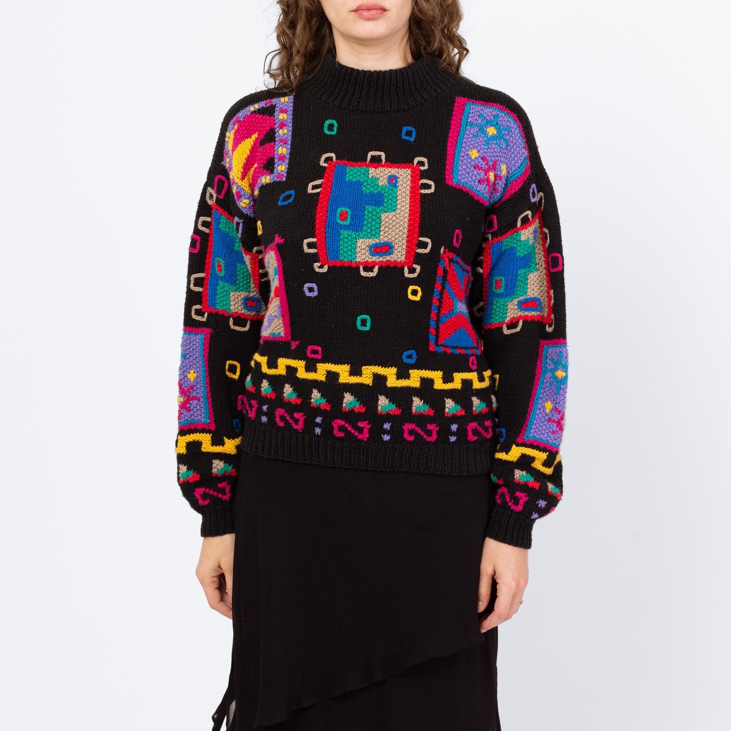 Vintage 90s Geometric Slouchy 3D Knit Sweater - Medium | Black Abstract Grunge Mockneck Pullover