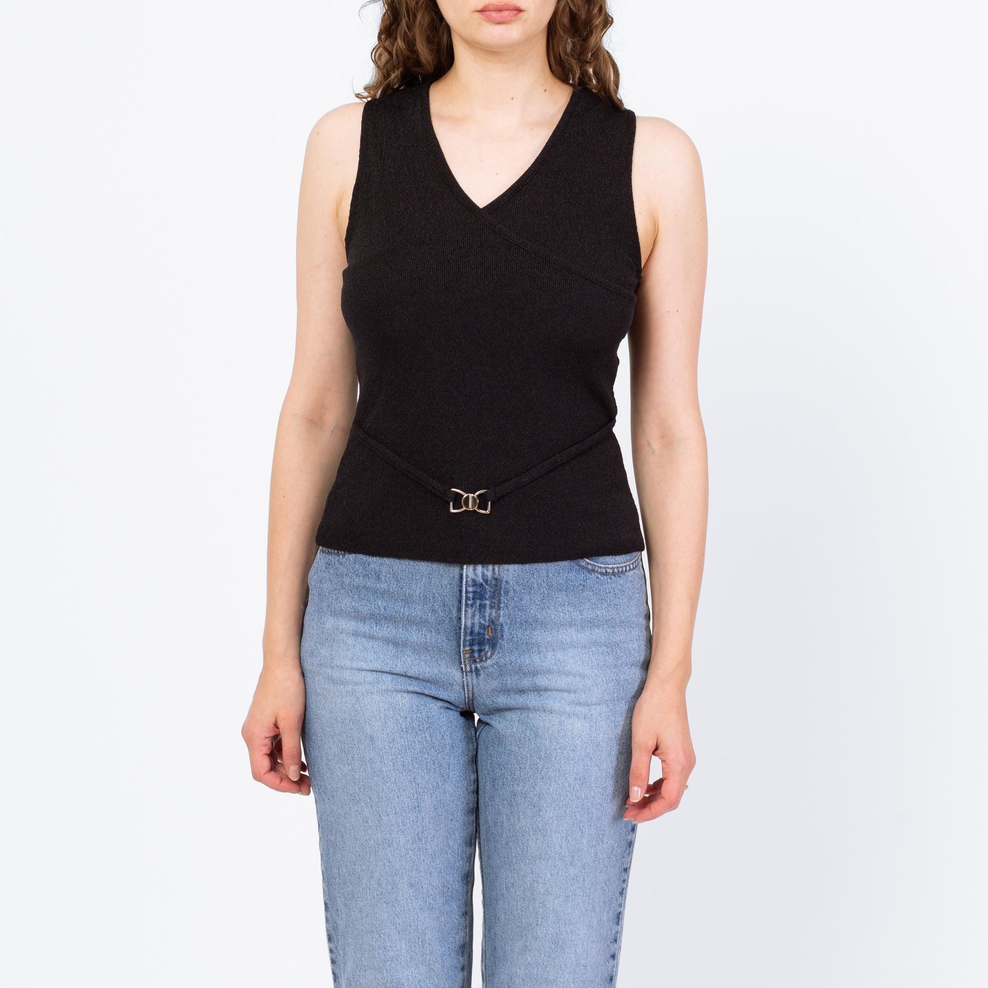 Vintage 90s Minimalist Black Belted Tank Top - Medium | Stretchy V Neck Sleeveless Shirt