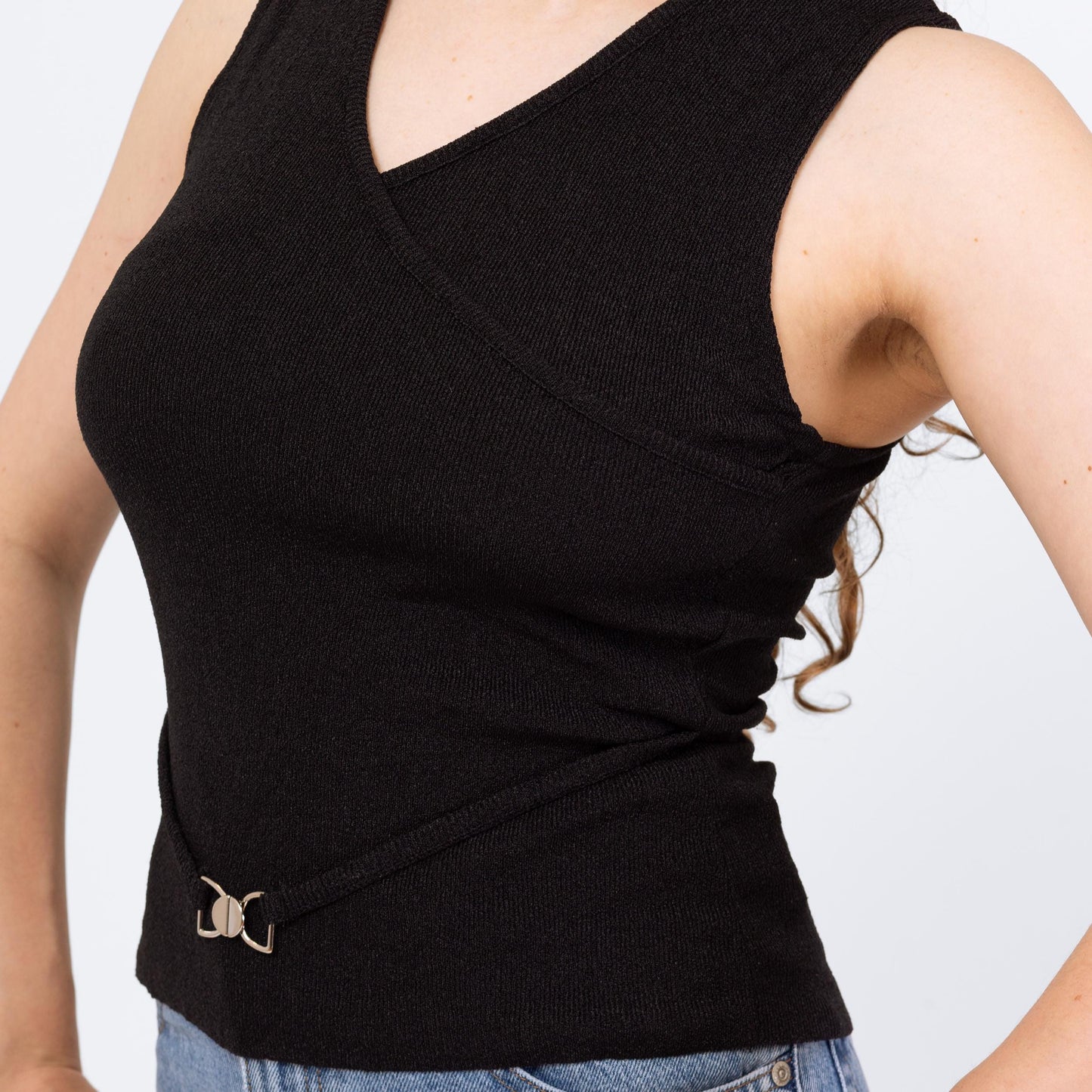 Vintage 90s Minimalist Black Belted Tank Top - Medium | Stretchy V Neck Sleeveless Shirt