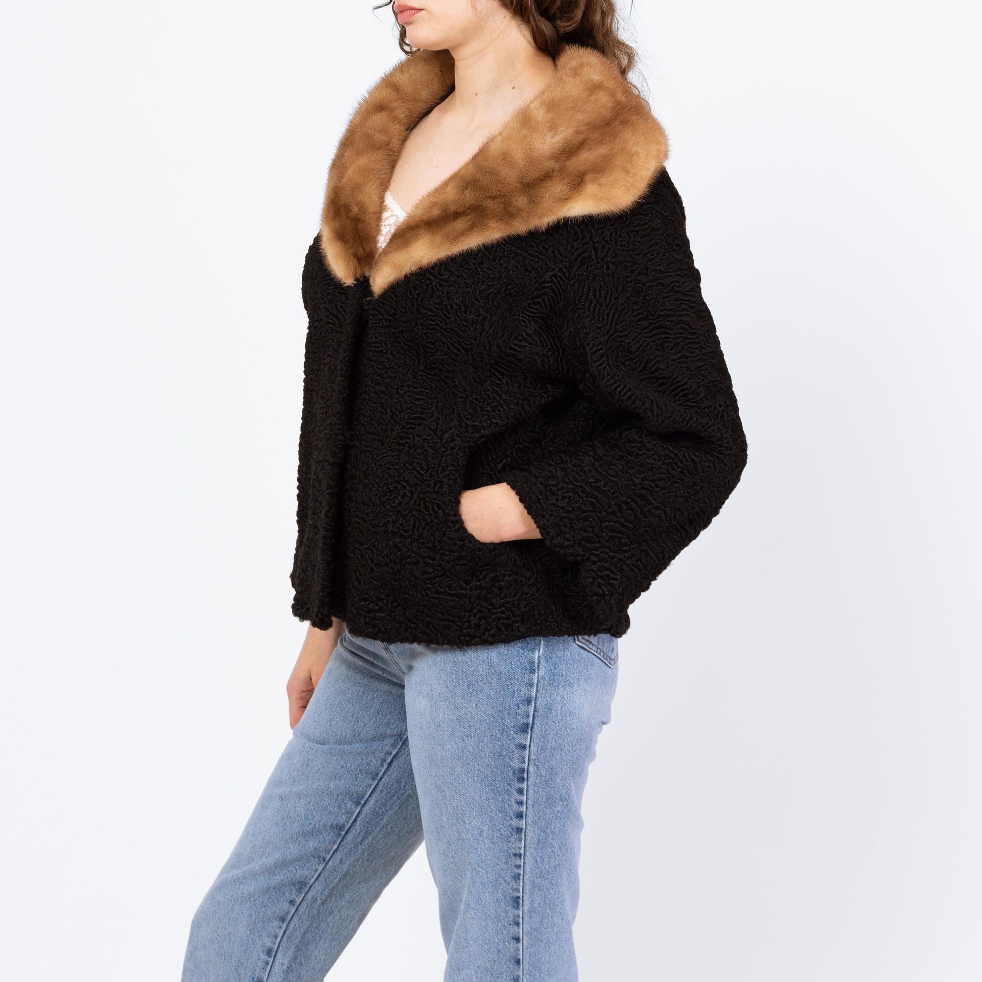 Vintage 50s Persian Lamb Fur Mink Collar Coat - Medium to Large | 1950s Retro Black Short Winter Swing Jacket
