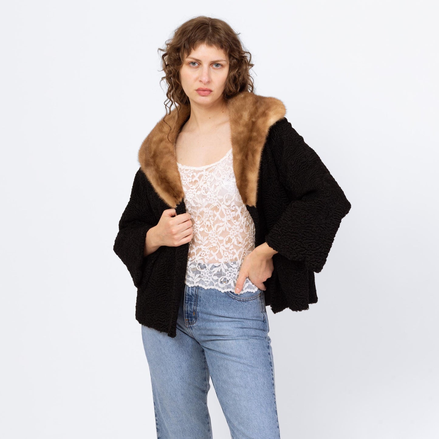 Vintage 50s Persian Lamb Fur Mink Collar Coat - Medium to Large | 1950s Retro Black Short Winter Swing Jacket