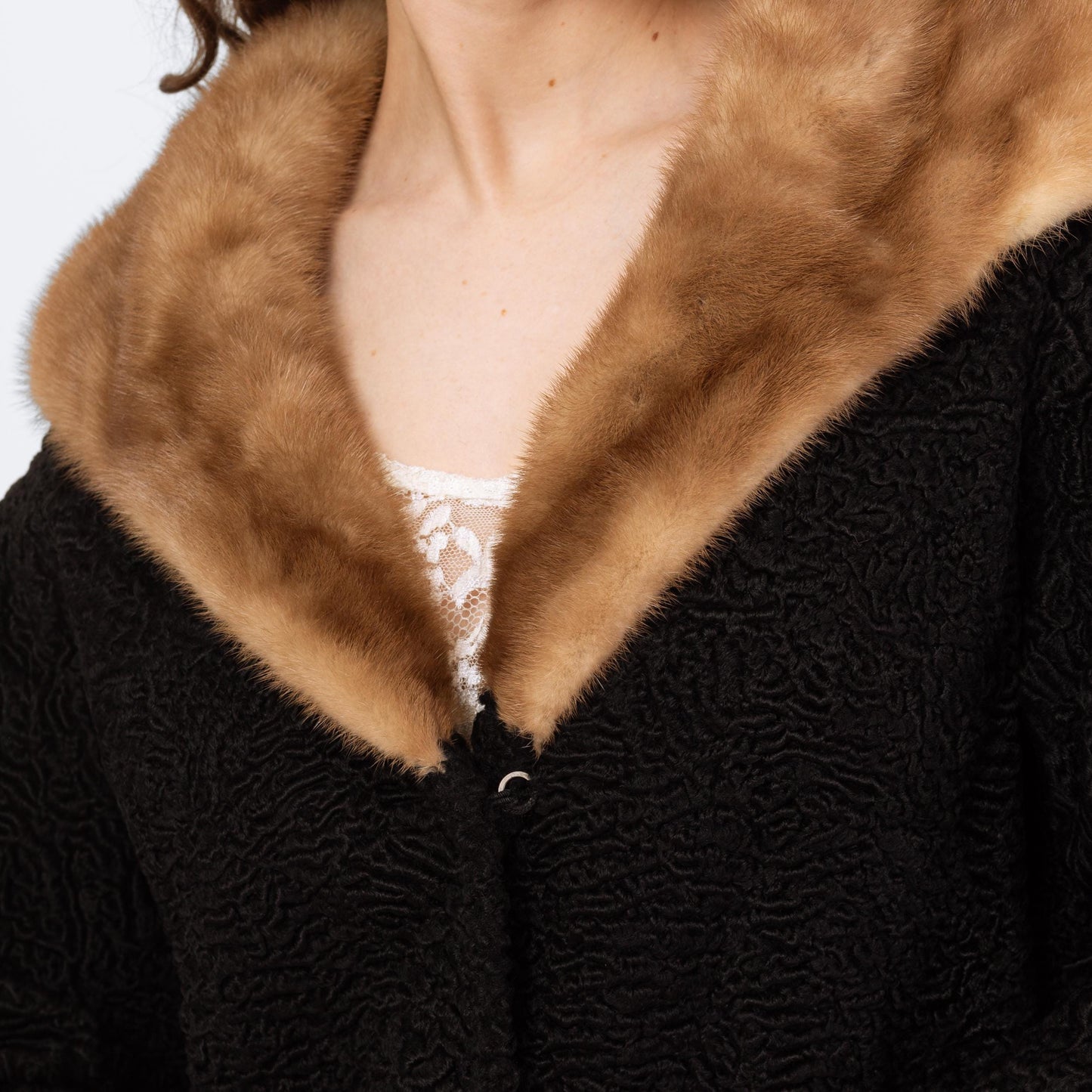 Vintage 50s Persian Lamb Fur Mink Collar Coat - Medium to Large | 1950s Retro Black Short Winter Swing Jacket