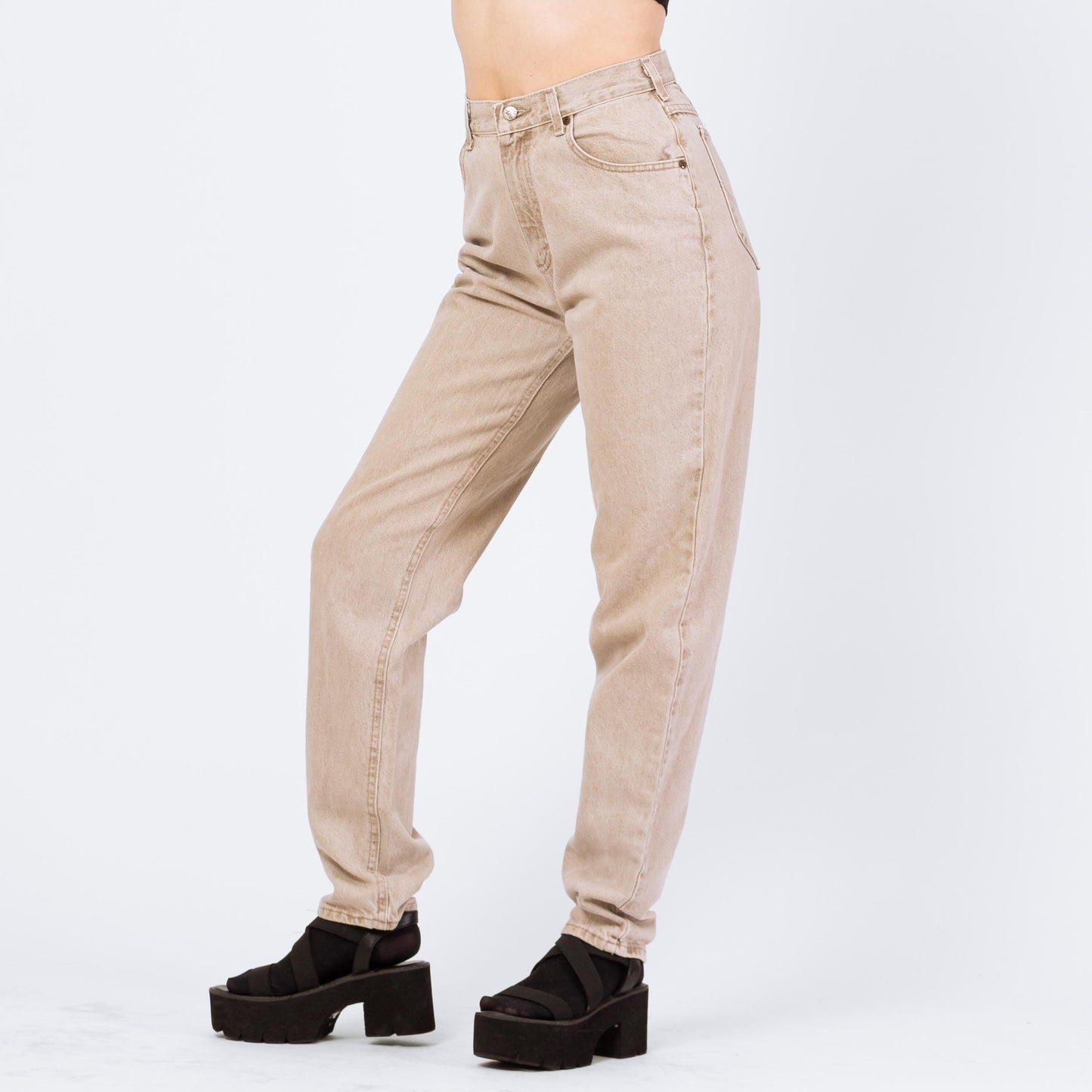 Vintage 90s Lee Light Tan Stonewash High Waisted Jeans - Size 8 Long, 28" Waist | Denim Tapered Leg Long Inseam Mom Jeans