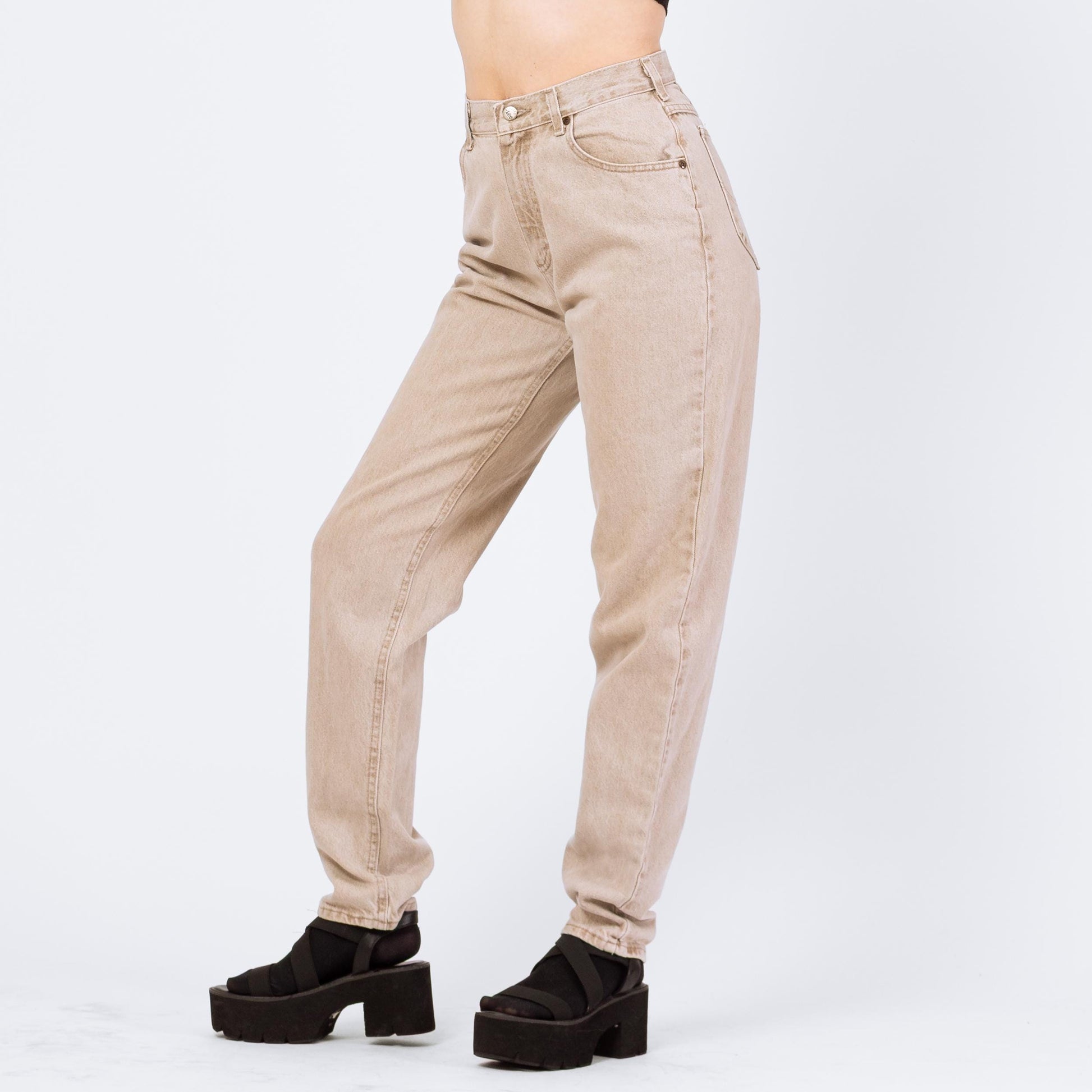 Vintage 90s Lee Light Tan Stonewash High Waisted Jeans - Size 8 Long, 28" Waist | Denim Tapered Leg Long Inseam Mom Jeans