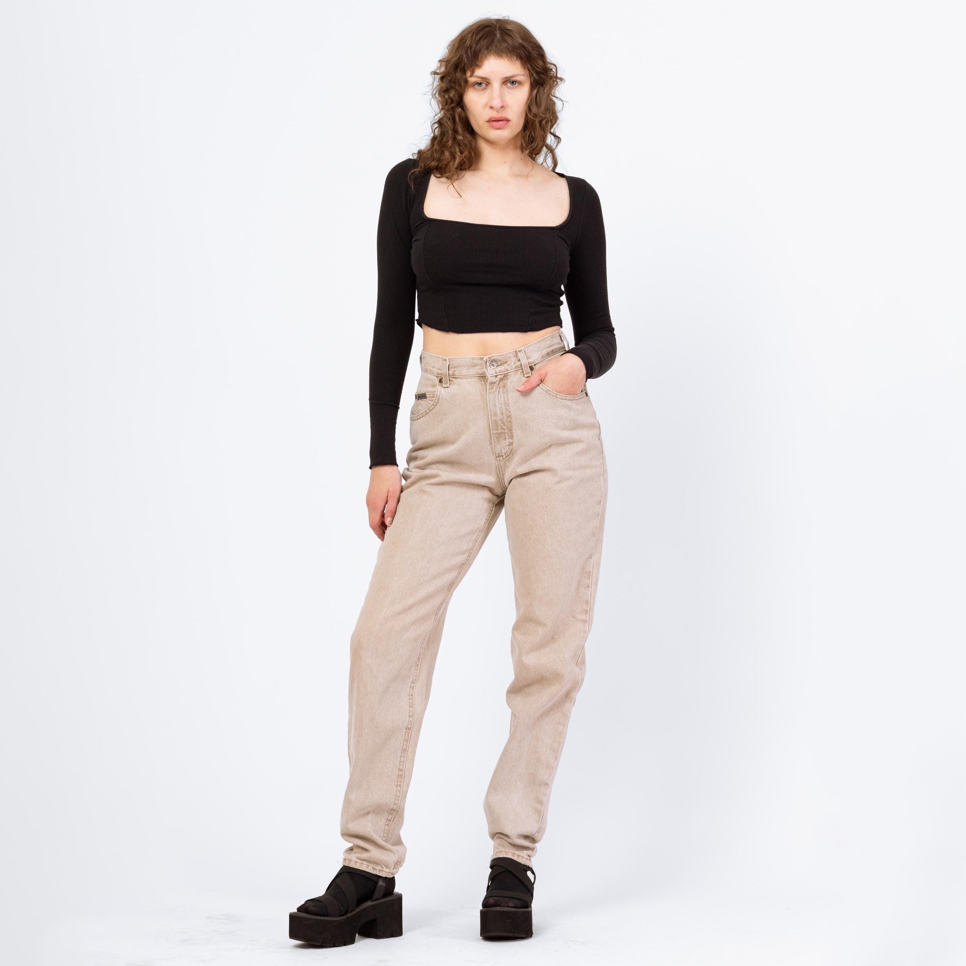 Vintage 90s Lee Light Tan Stonewash High Waisted Jeans - Size 8 Long, 28" Waist | Denim Tapered Leg Long Inseam Mom Jeans