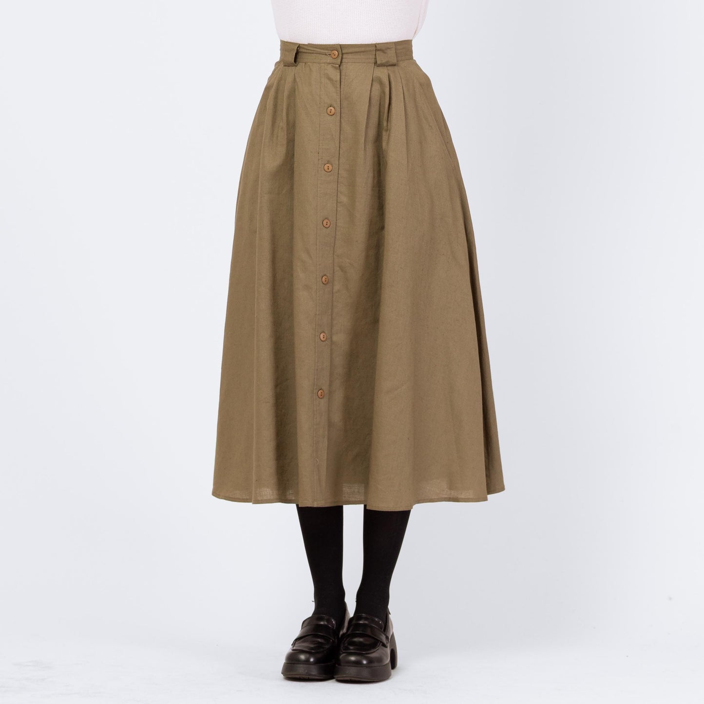 Vintage 90s Olive Green Linen Look Pleated Midi Skirt - Small, 26" Waist | High Waisted A Line Cotton Blend Minimalist Full Pocket Skirt
