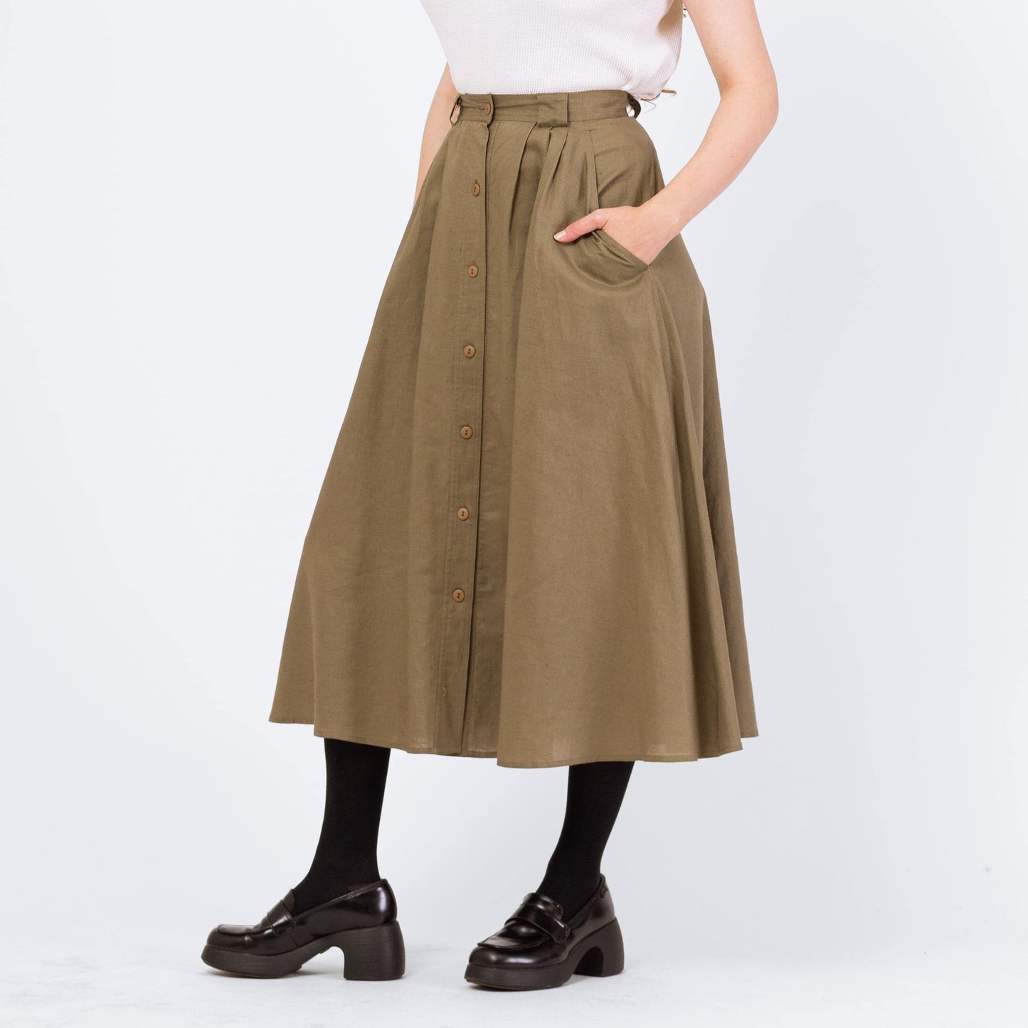 Vintage 90s Olive Green Linen Look Pleated Midi Skirt - Small, 26" Waist | High Waisted A Line Cotton Blend Minimalist Full Pocket Skirt