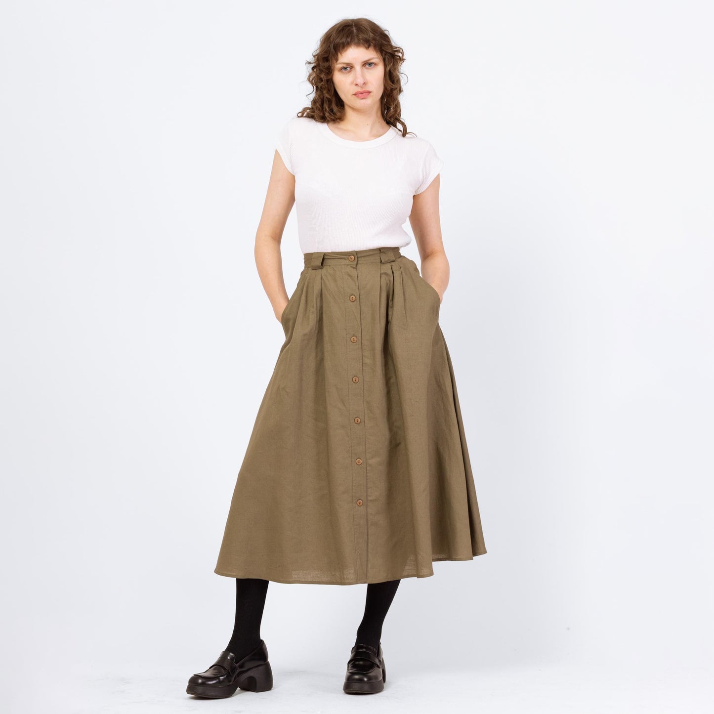 Vintage 90s Olive Green Linen Look Pleated Midi Skirt - Small, 26" Waist | High Waisted A Line Cotton Blend Minimalist Full Pocket Skirt