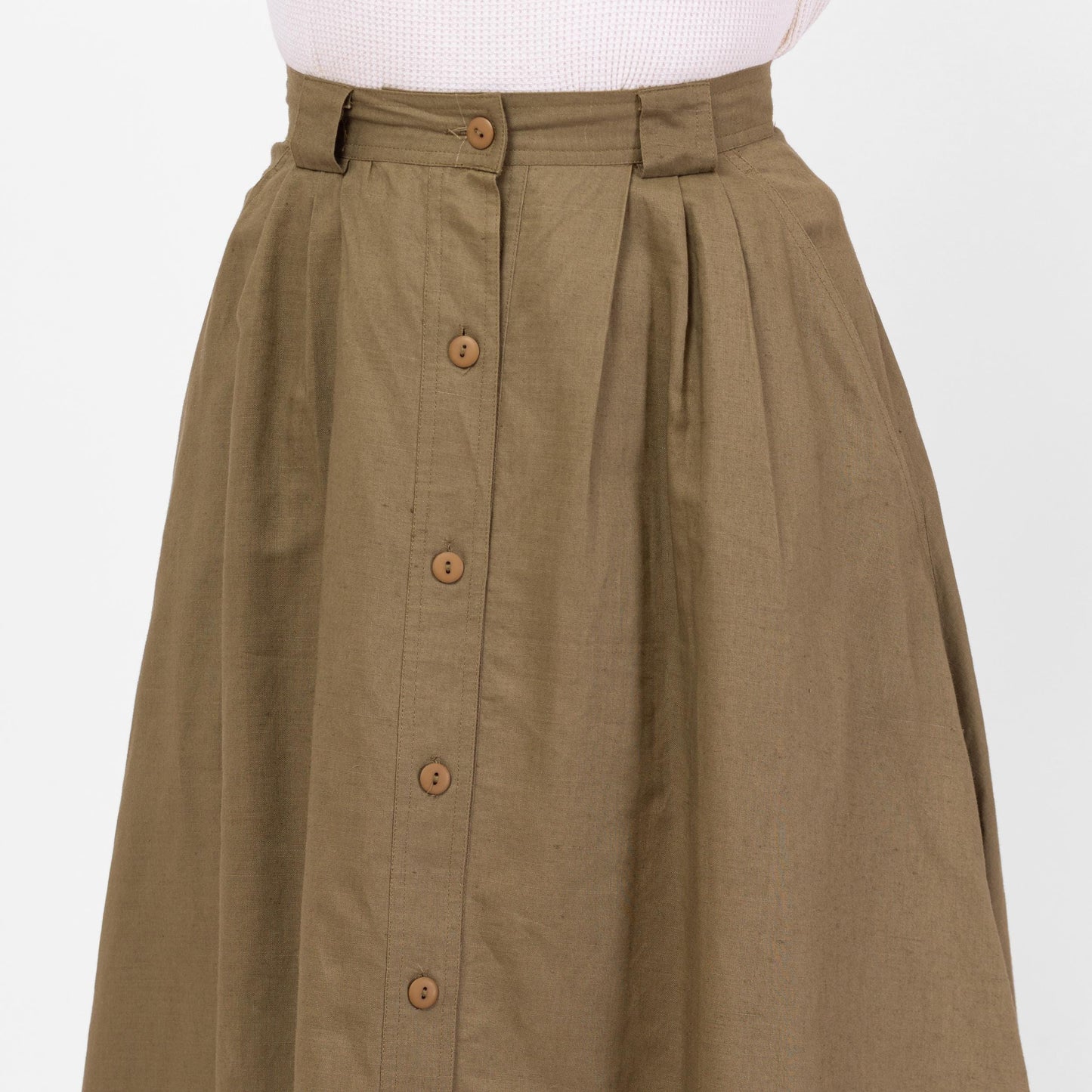 Vintage 90s Olive Green Linen Look Pleated Midi Skirt - Small, 26" Waist | High Waisted A Line Cotton Blend Minimalist Full Pocket Skirt