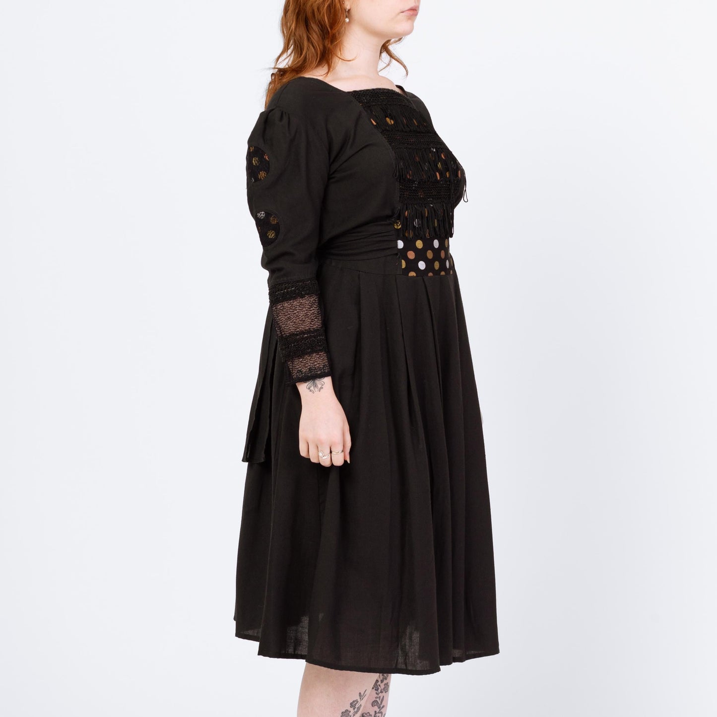 Vintage Black Polka Dot & Fringe Folk Dress - Large | 80s Boho Long Puff Sleeve Lace Trim Midi Dress