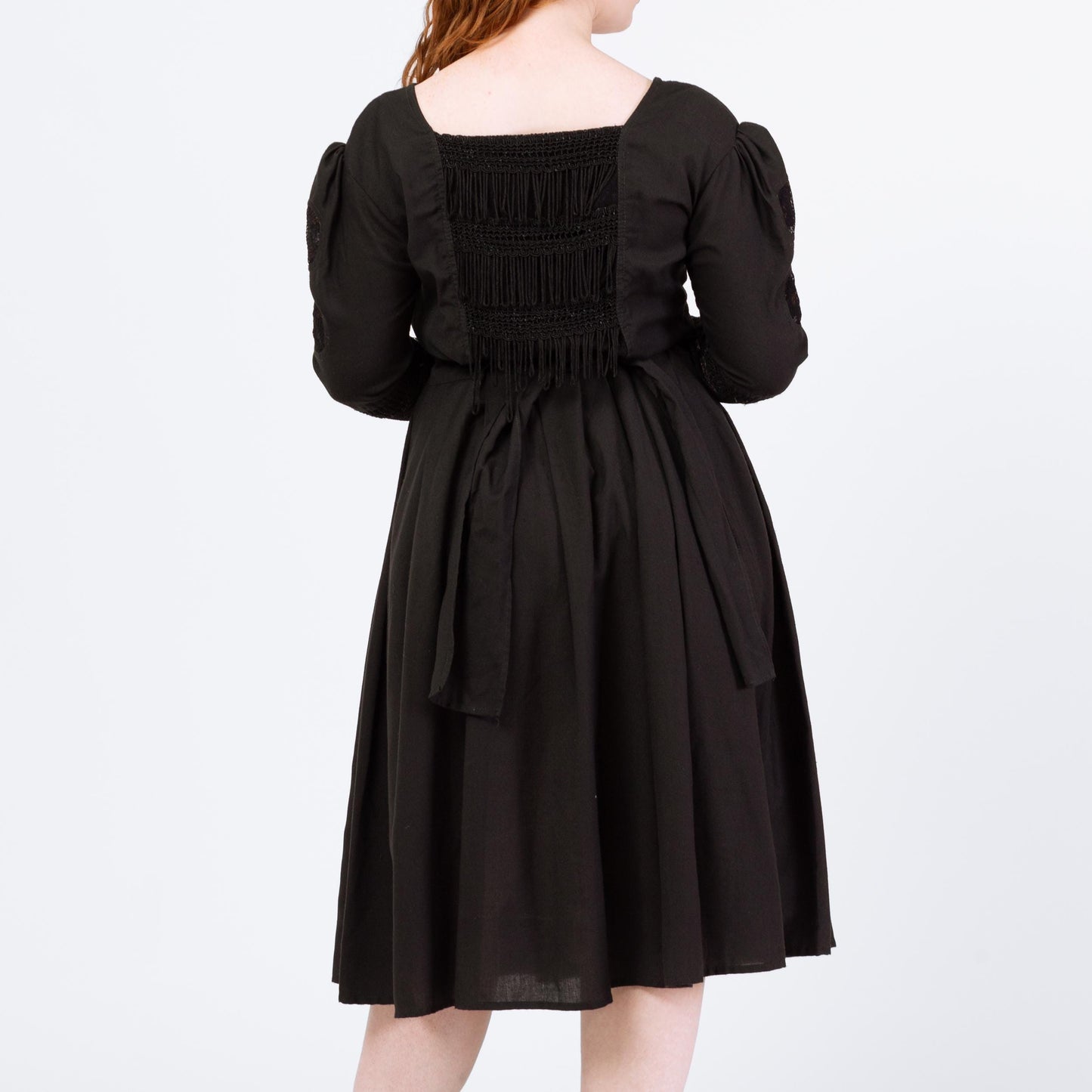 Vintage Black Polka Dot & Fringe Folk Dress - Large | 80s Boho Long Puff Sleeve Lace Trim Midi Dress