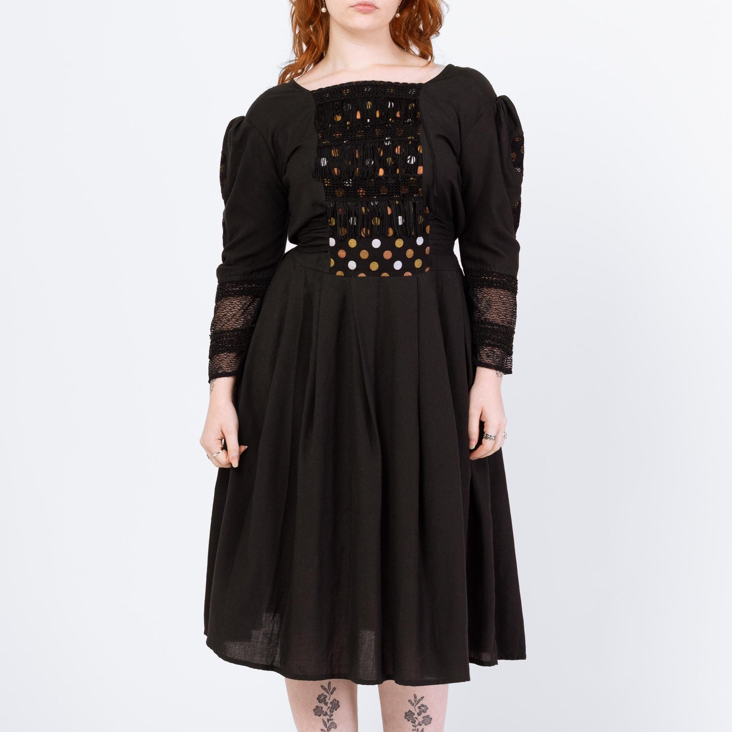 Vintage Black Polka Dot & Fringe Folk Dress - Large | 80s Boho Long Puff Sleeve Lace Trim Midi Dress