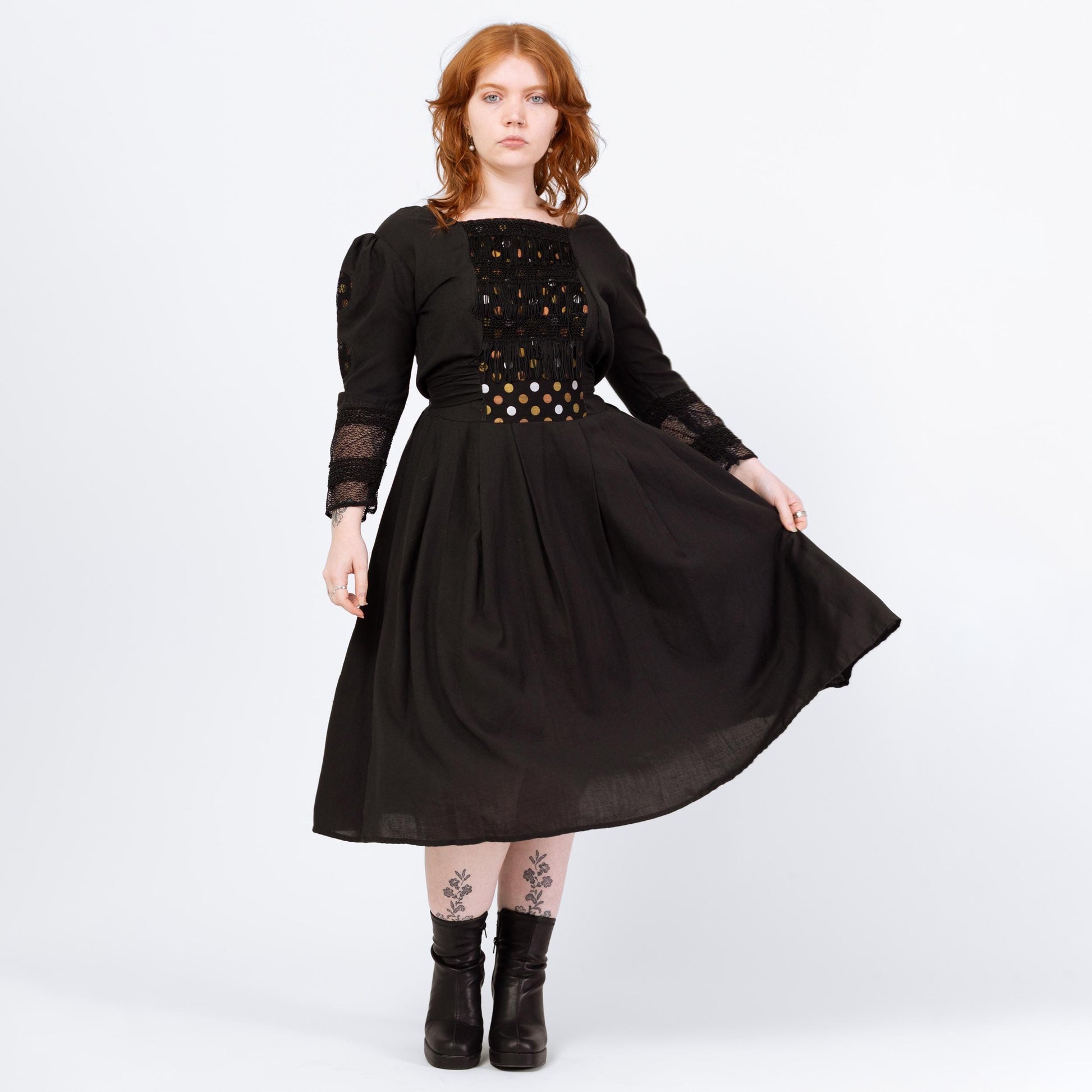 Vintage Black Polka Dot & Fringe Folk Dress - Large | 80s Boho Long Puff Sleeve Lace Trim Midi Dress