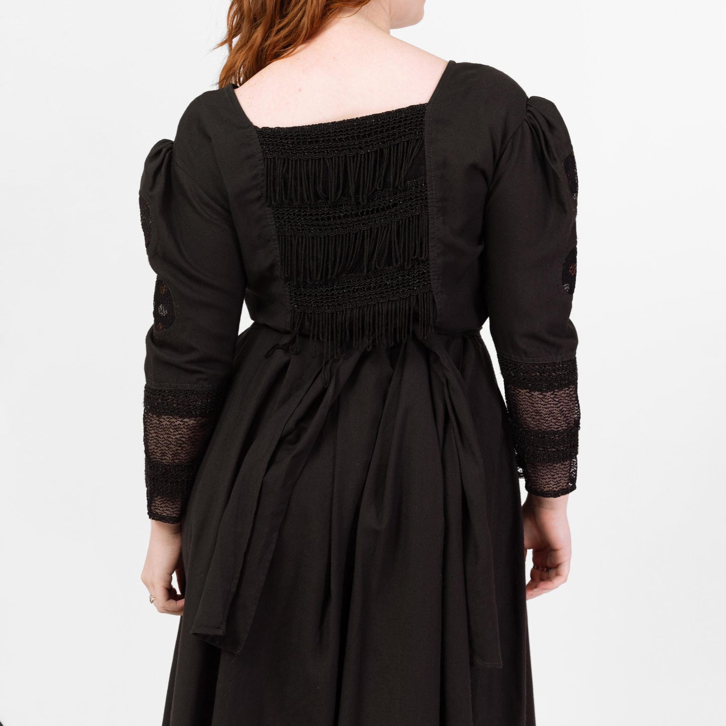 Vintage Black Polka Dot & Fringe Folk Dress - Large | 80s Boho Long Puff Sleeve Lace Trim Midi Dress