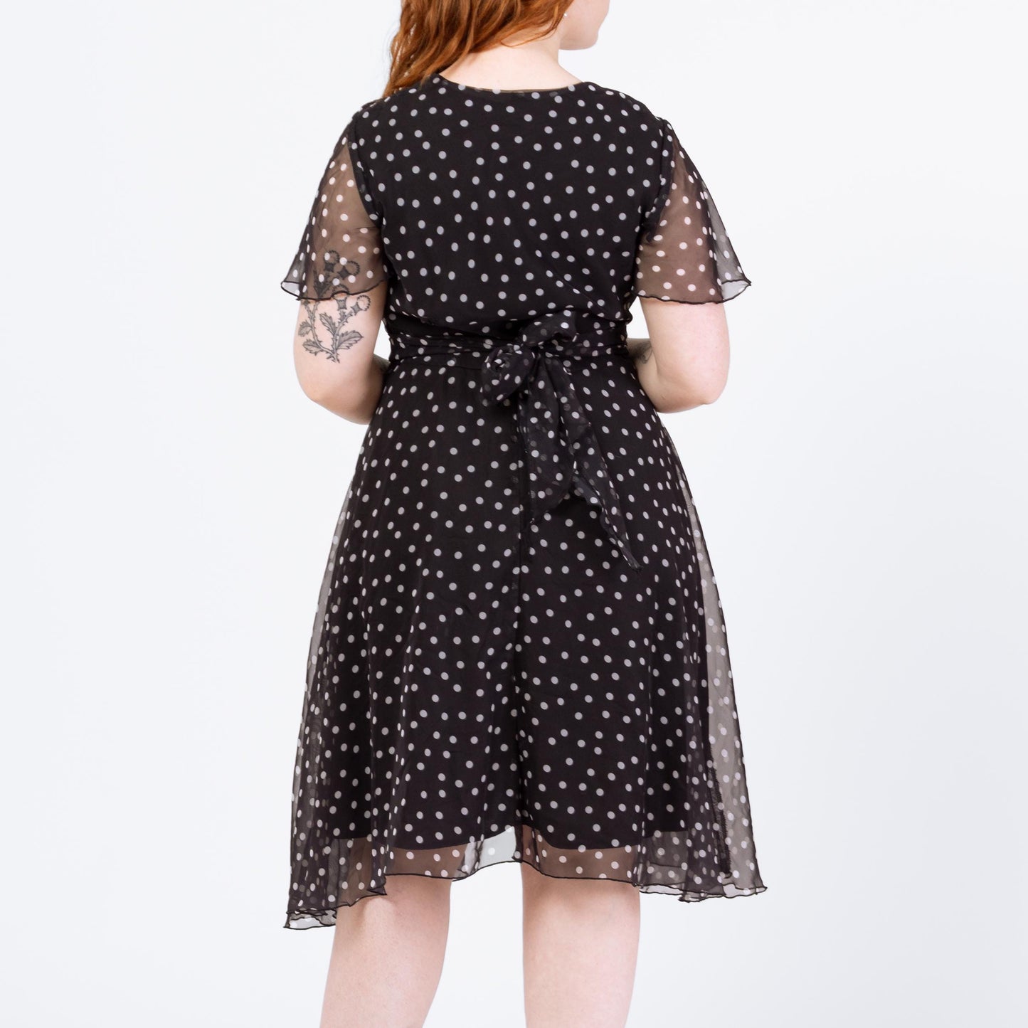 Vintage 90s Black & White Polka Dot Midi Dress - Large | Flutter Sleeve Fit Flare Sheer Overlay Party Dress