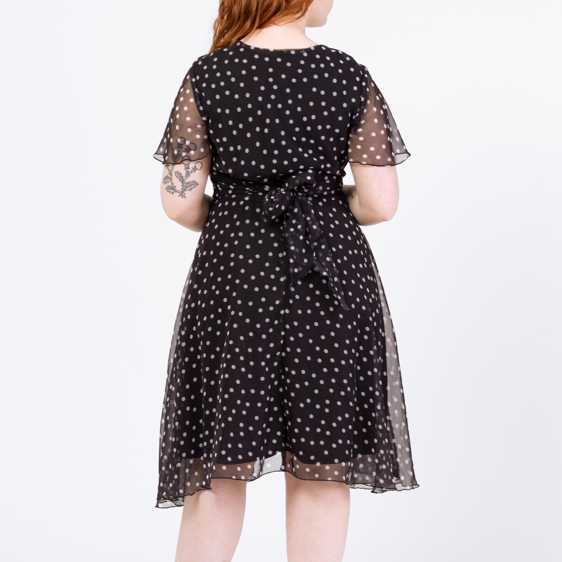 Vintage 90s Black & White Polka Dot Midi Dress - Large | Flutter Sleeve Fit Flare Sheer Overlay Party Dress