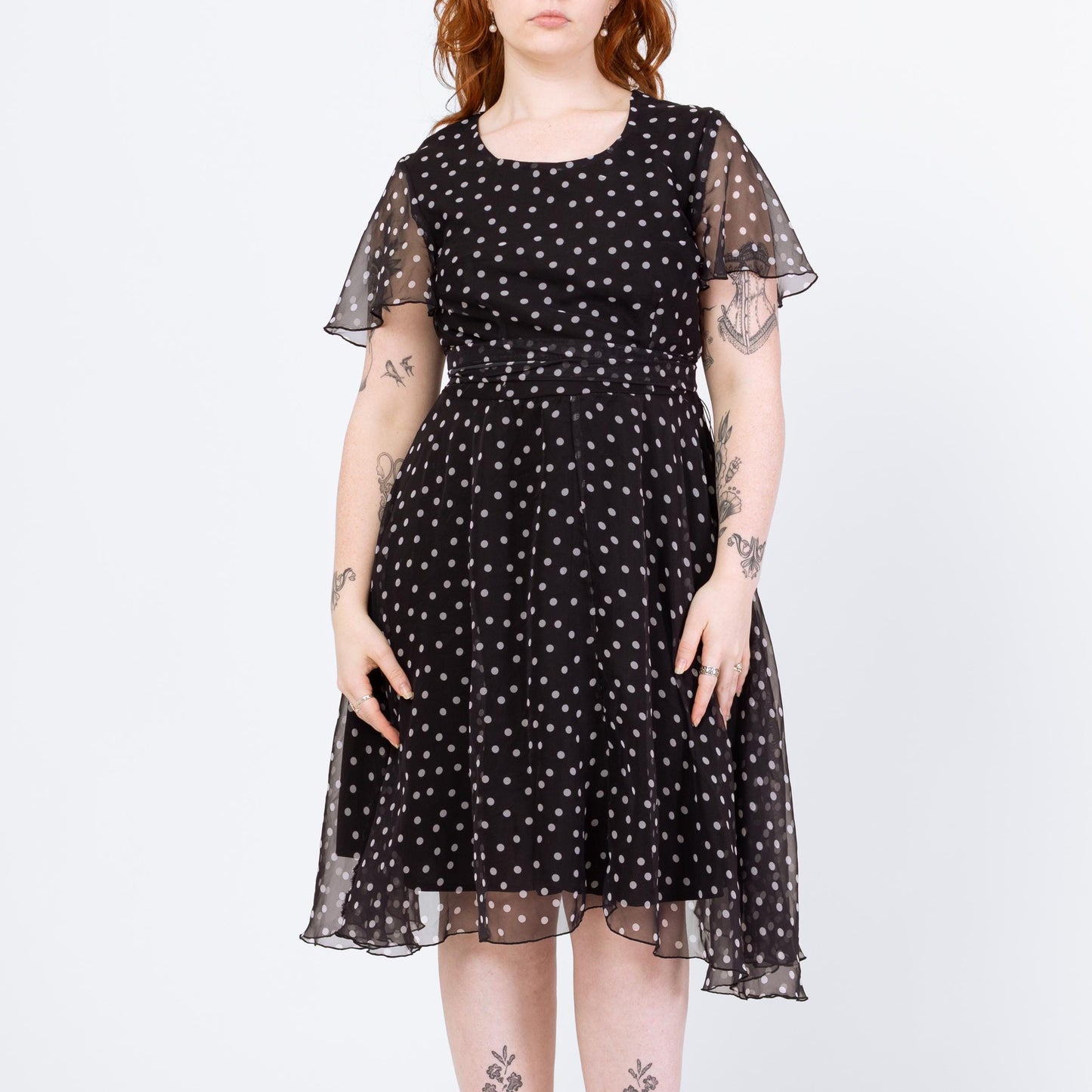 Vintage 90s Black & White Polka Dot Midi Dress - Large | Flutter Sleeve Fit Flare Sheer Overlay Party Dress