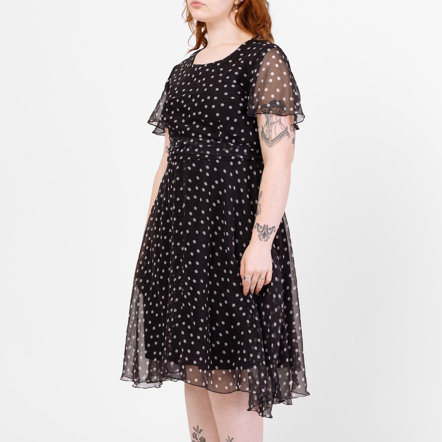 Vintage 90s Black & White Polka Dot Midi Dress - Large | Flutter Sleeve Fit Flare Sheer Overlay Party Dress