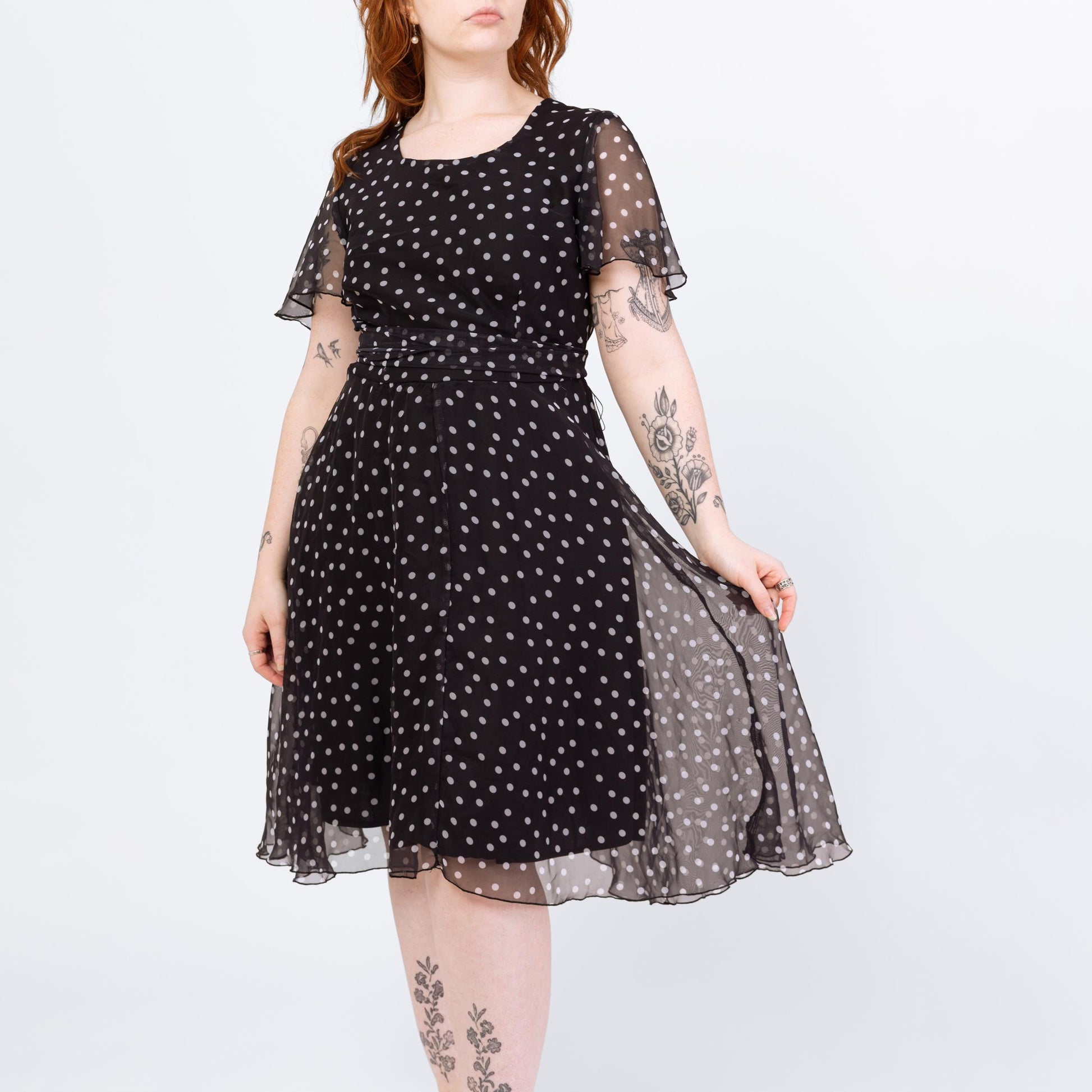 Vintage 90s Black & White Polka Dot Midi Dress - Large | Flutter Sleeve Fit Flare Sheer Overlay Party Dress