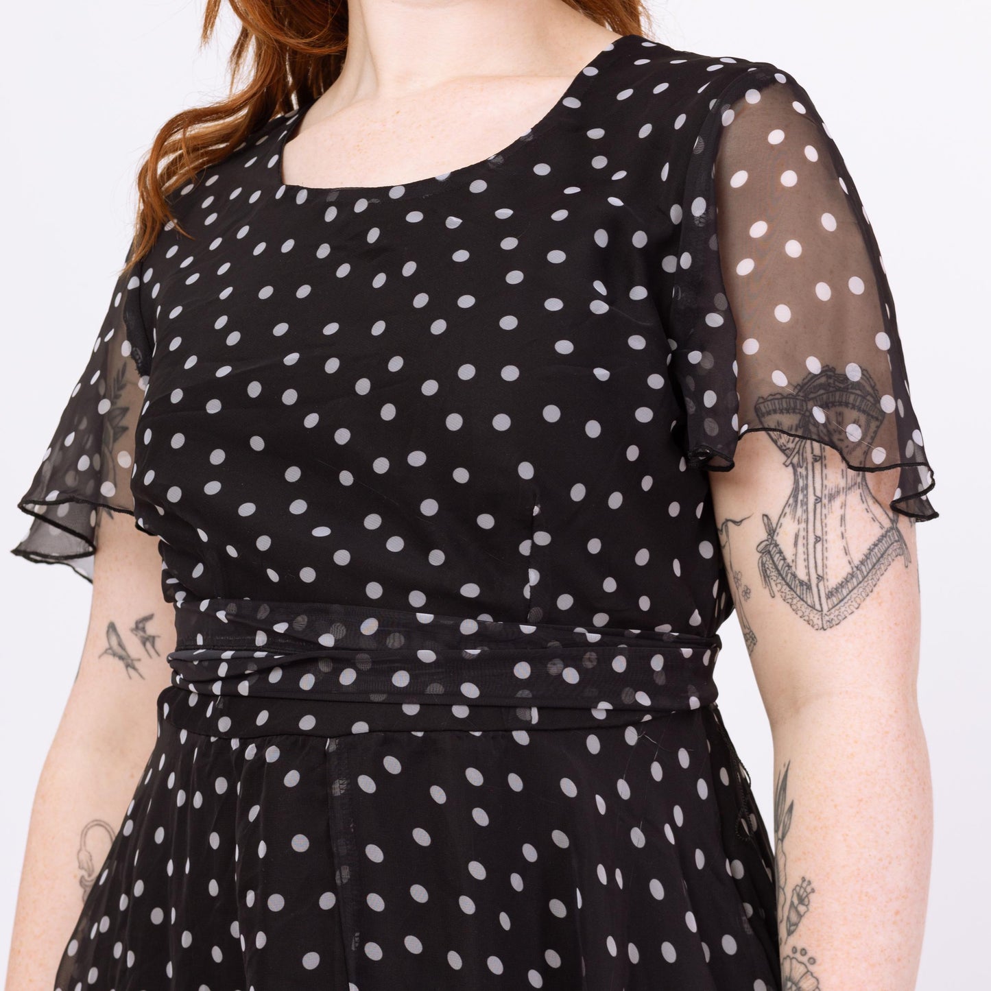 Vintage 90s Black & White Polka Dot Midi Dress - Large | Flutter Sleeve Fit Flare Sheer Overlay Party Dress