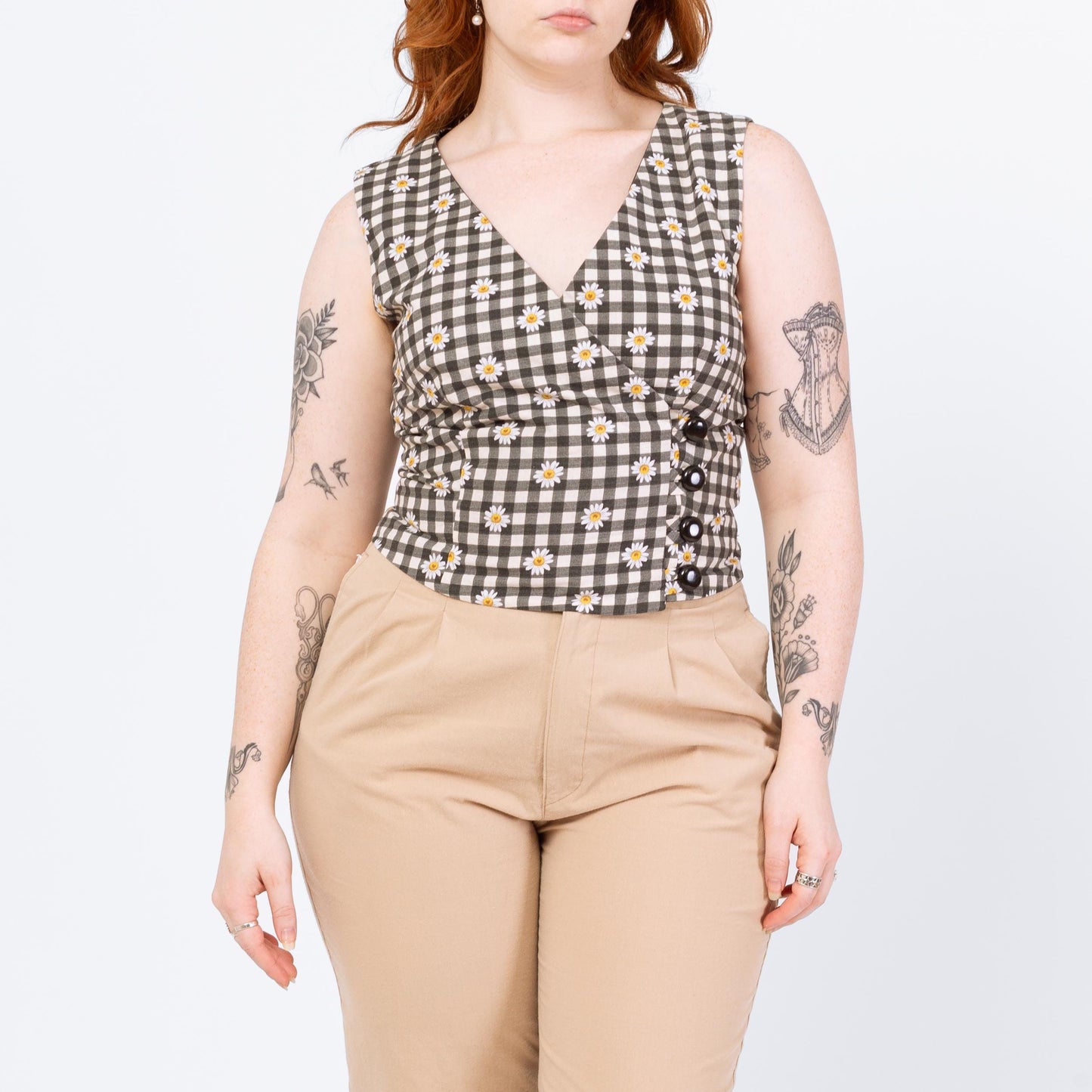 Vintage Gingham & Daisy Print Wrap Top - Medium | 80s 90s Black White Floral Sleeveless Cropped Blouse