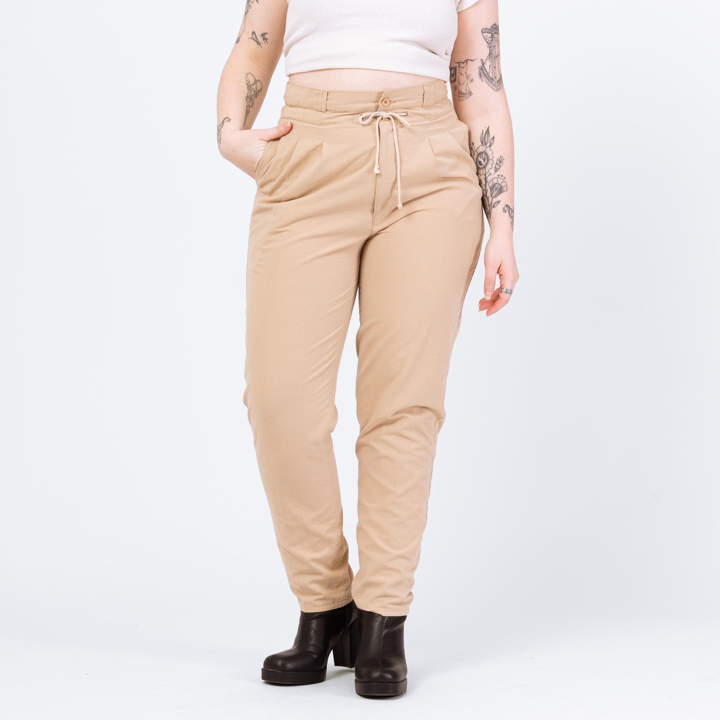 Vintage 90s Khaki Drawstring Pants - Large, 32" Waist | Pleated Paper Bag Tapered Leg Cotton Trousers