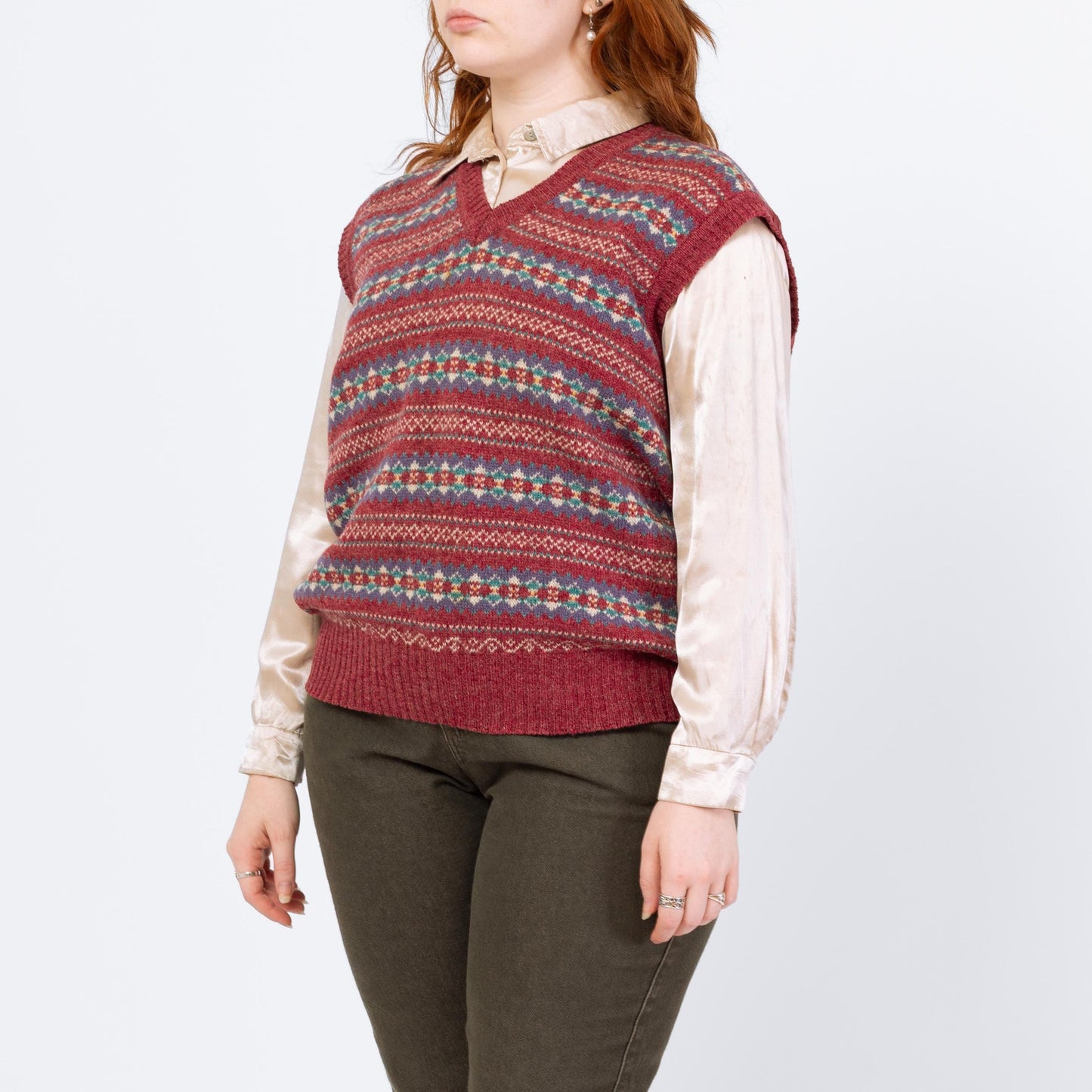 Vintage 80s Red Fair Isle Wool Sweater Vest - Large | Preppy Striped Knit Sleeveless V Neck Sweater