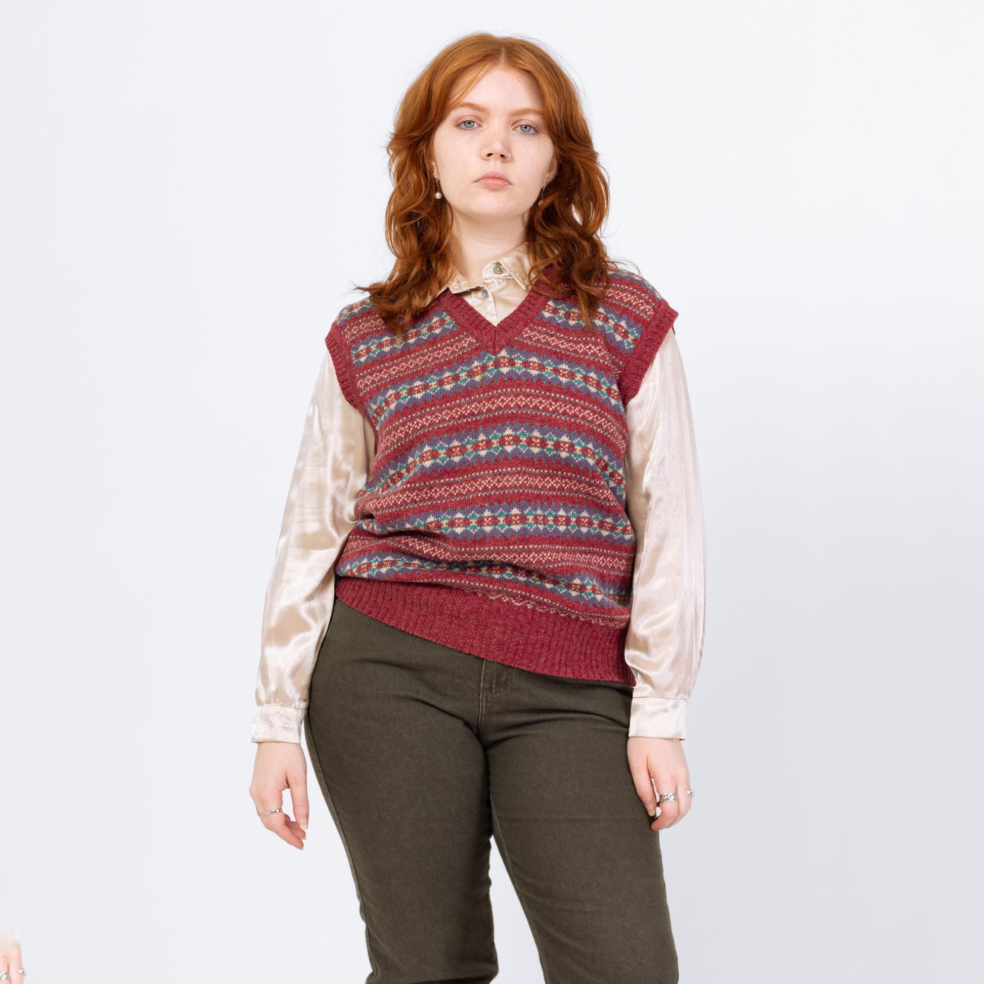 Vintage 80s Red Fair Isle Wool Sweater Vest - Large | Preppy Striped Knit Sleeveless V Neck Sweater