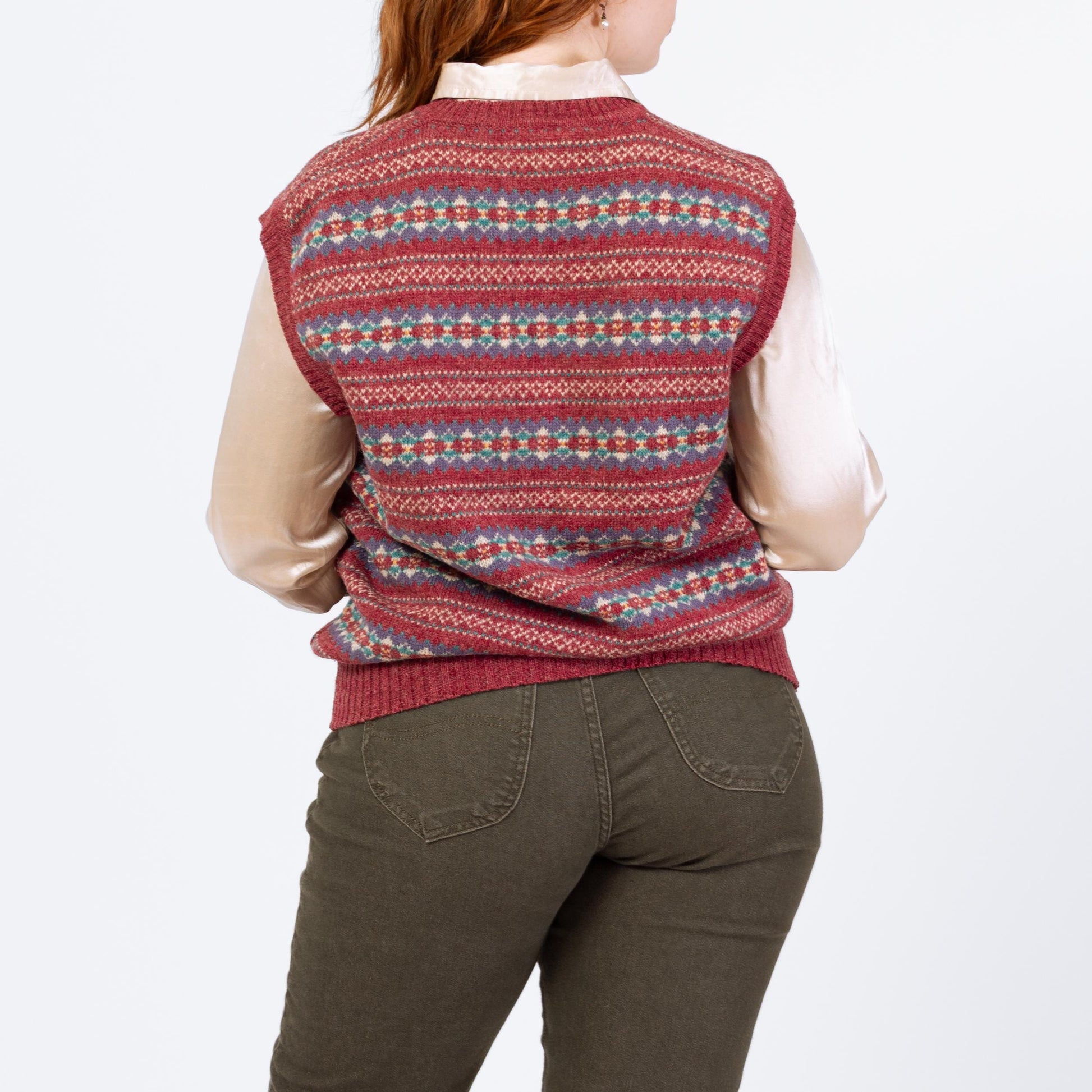 Vintage 80s Red Fair Isle Wool Sweater Vest - Large | Preppy Striped Knit Sleeveless V Neck Sweater