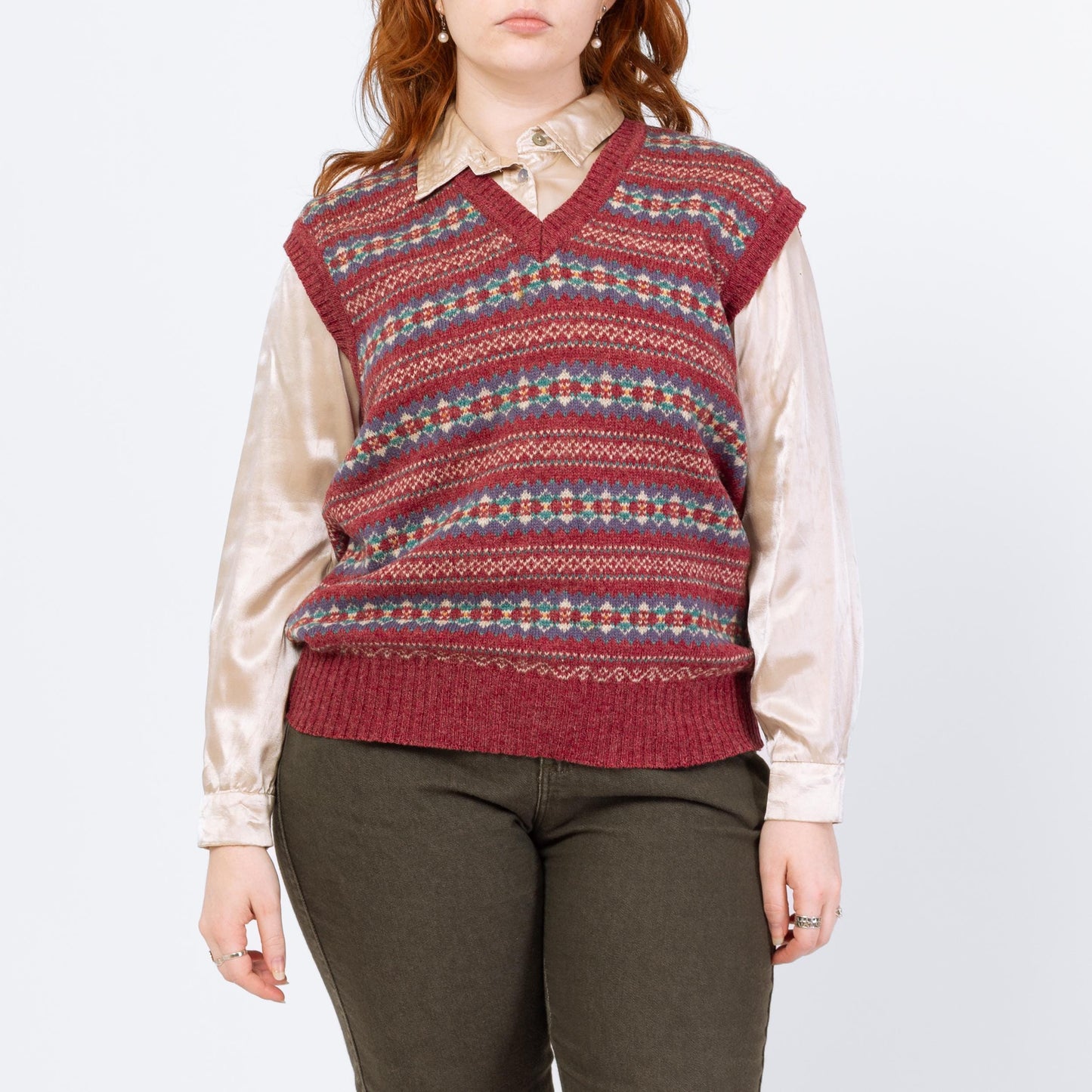 Vintage 80s Red Fair Isle Wool Sweater Vest - Large | Preppy Striped Knit Sleeveless V Neck Sweater