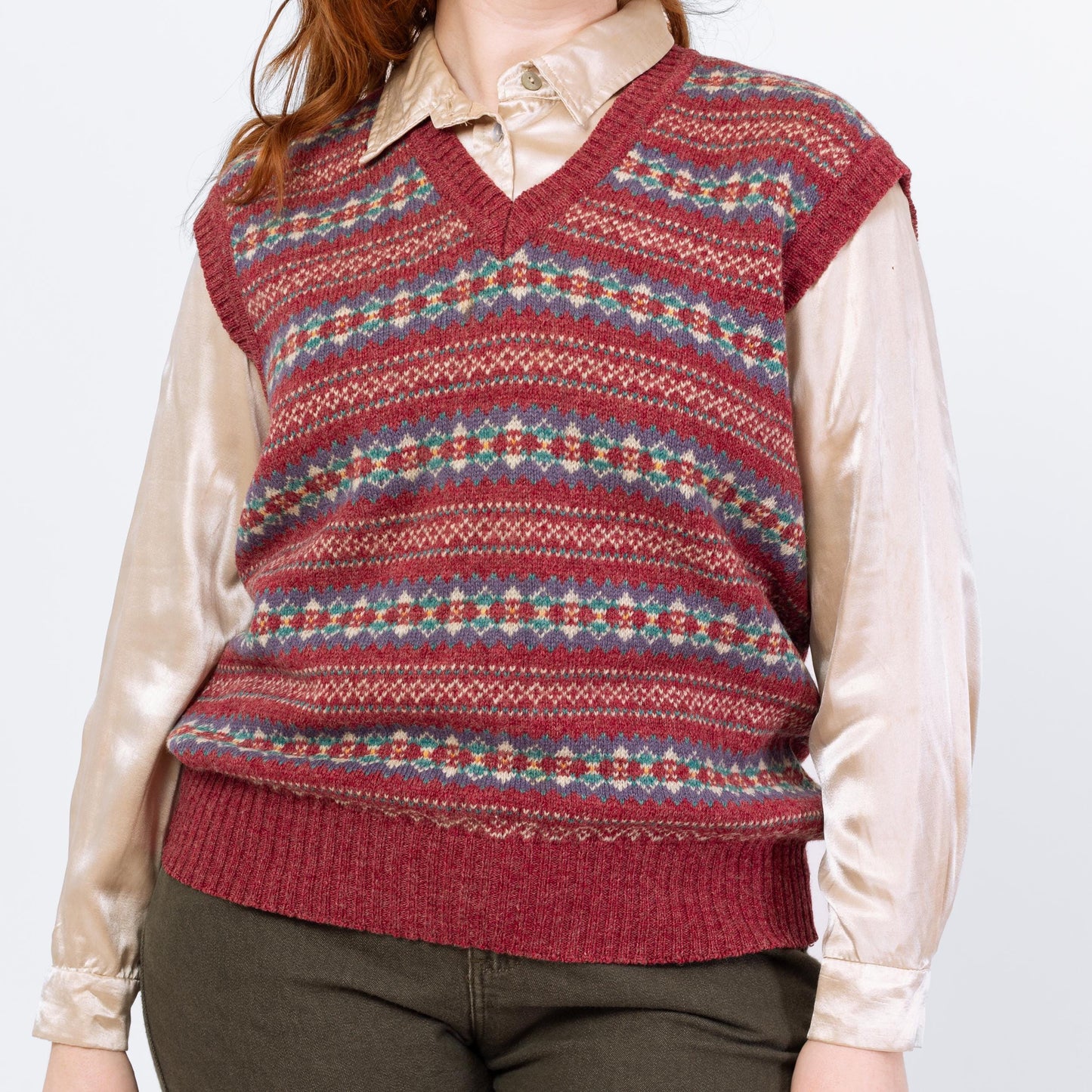 Vintage 80s Red Fair Isle Wool Sweater Vest - Large | Preppy Striped Knit Sleeveless V Neck Sweater