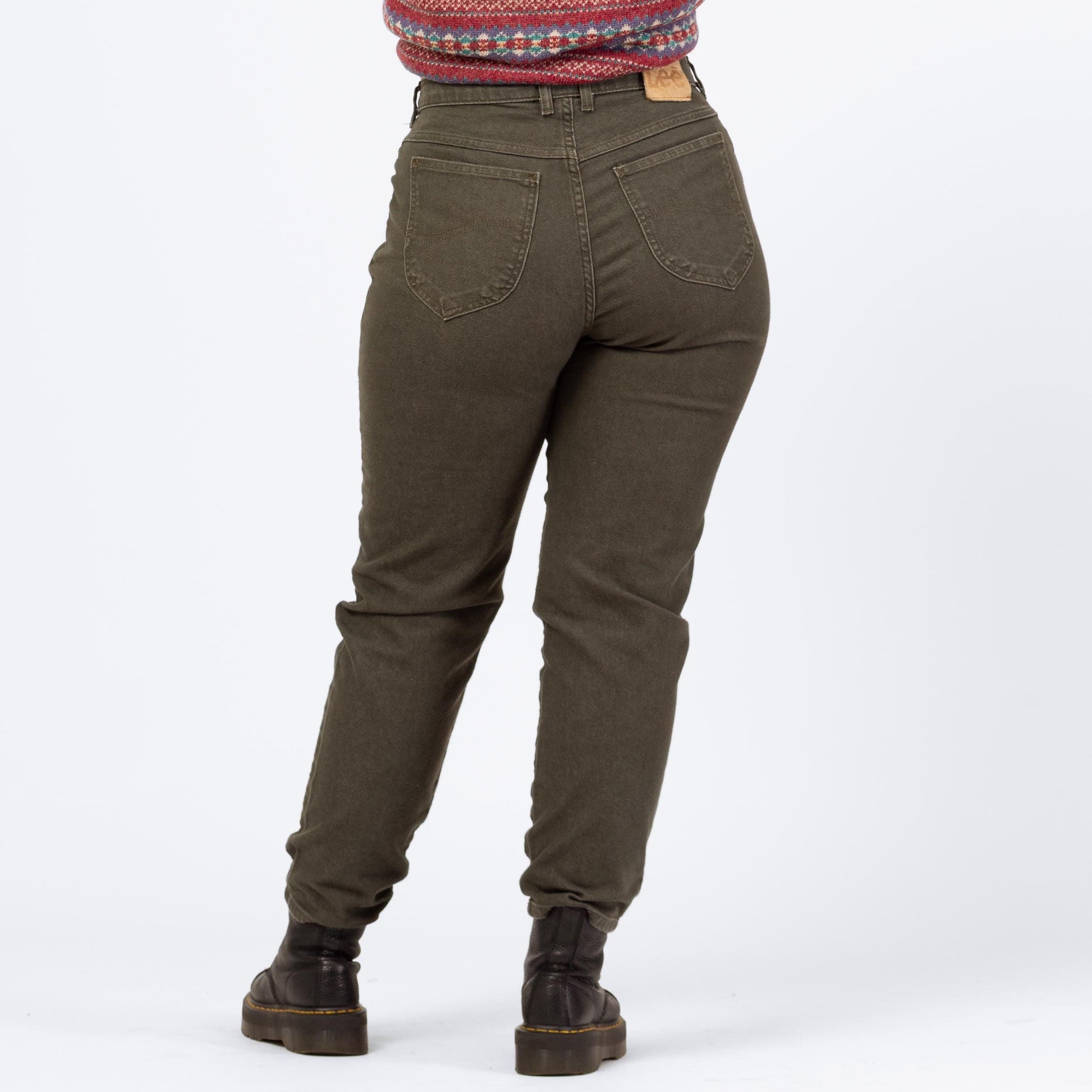 Vintage 90s Lee Dark Olive Green Jeans - Medium to Large, 30.5" Waist | High Waisted Stretch Denim Tapered Leg Mom Jeans