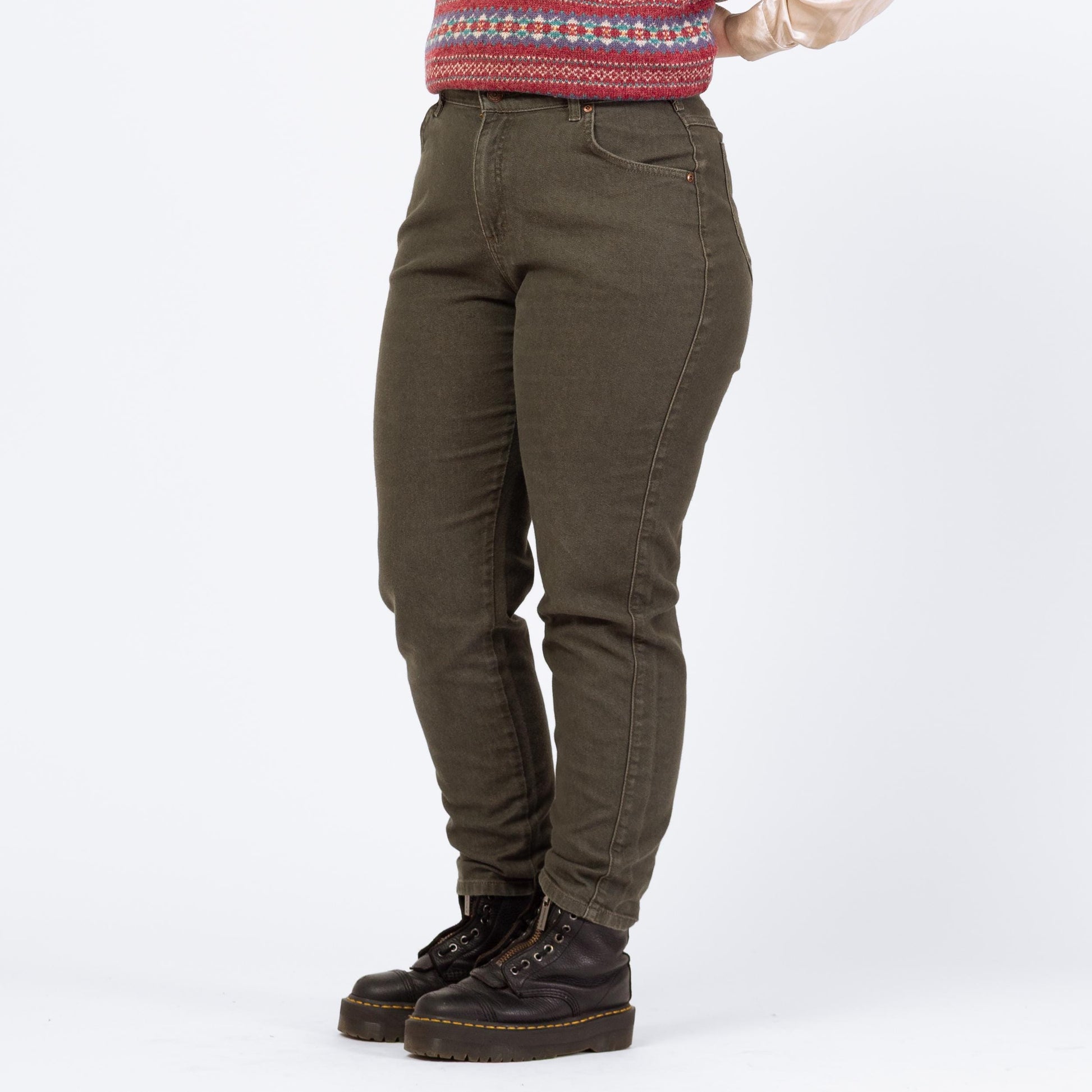 Vintage 90s Lee Dark Olive Green Jeans - Medium to Large, 30.5" Waist | High Waisted Stretch Denim Tapered Leg Mom Jeans