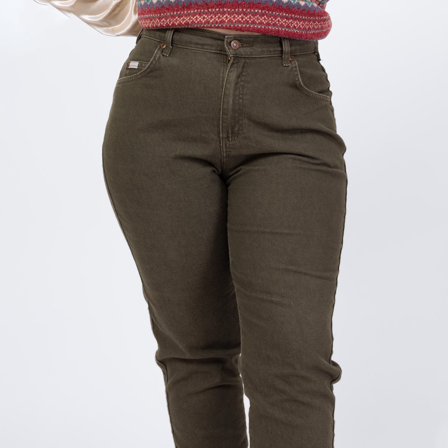 Vintage 90s Lee Dark Olive Green Jeans - Medium to Large, 30.5" Waist | High Waisted Stretch Denim Tapered Leg Mom Jeans