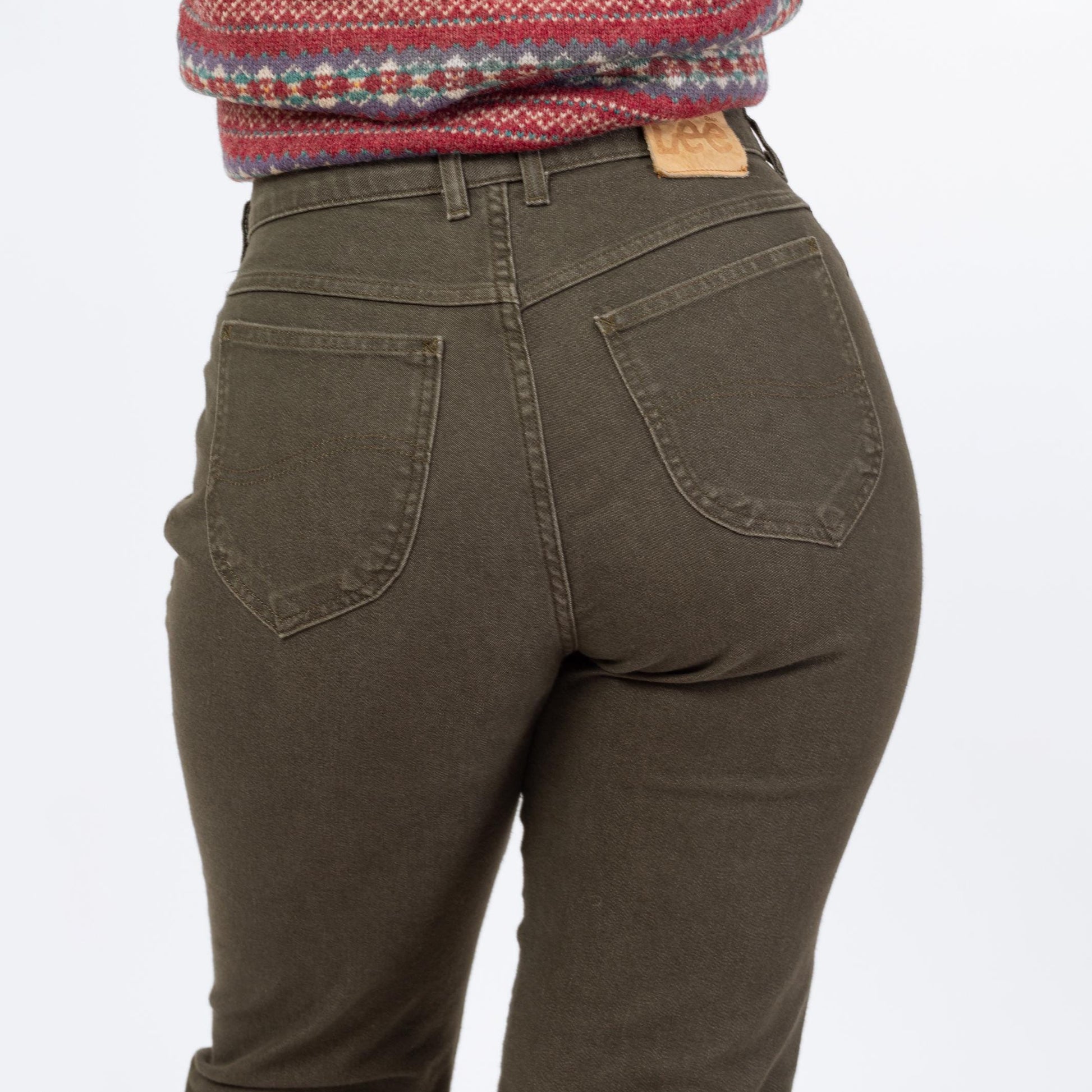 Vintage 90s Lee Dark Olive Green Jeans - Medium to Large, 30.5" Waist | High Waisted Stretch Denim Tapered Leg Mom Jeans