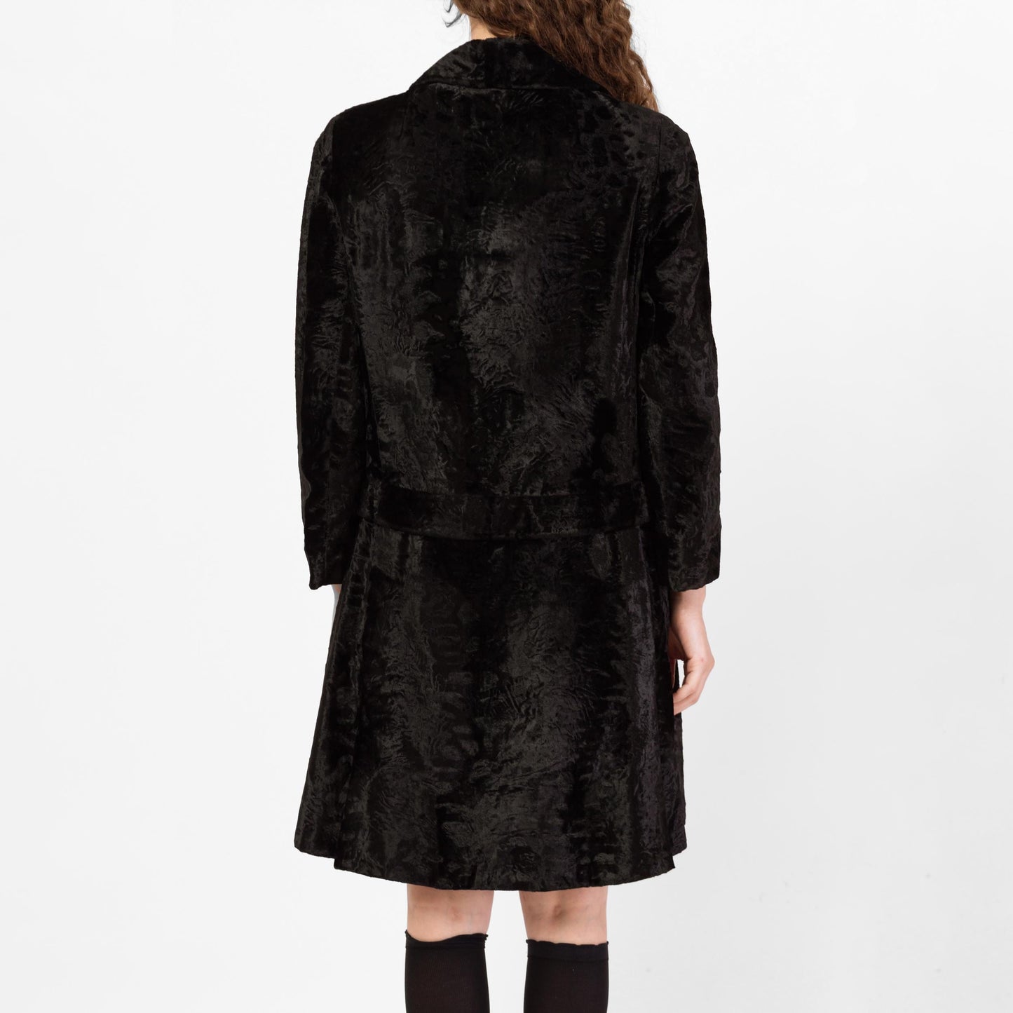 Vintage 60s Mod Black Crushed Velvet Swing Coat - Medium | Retro Double Breasted Plush Faux Fur Collared Jacket
